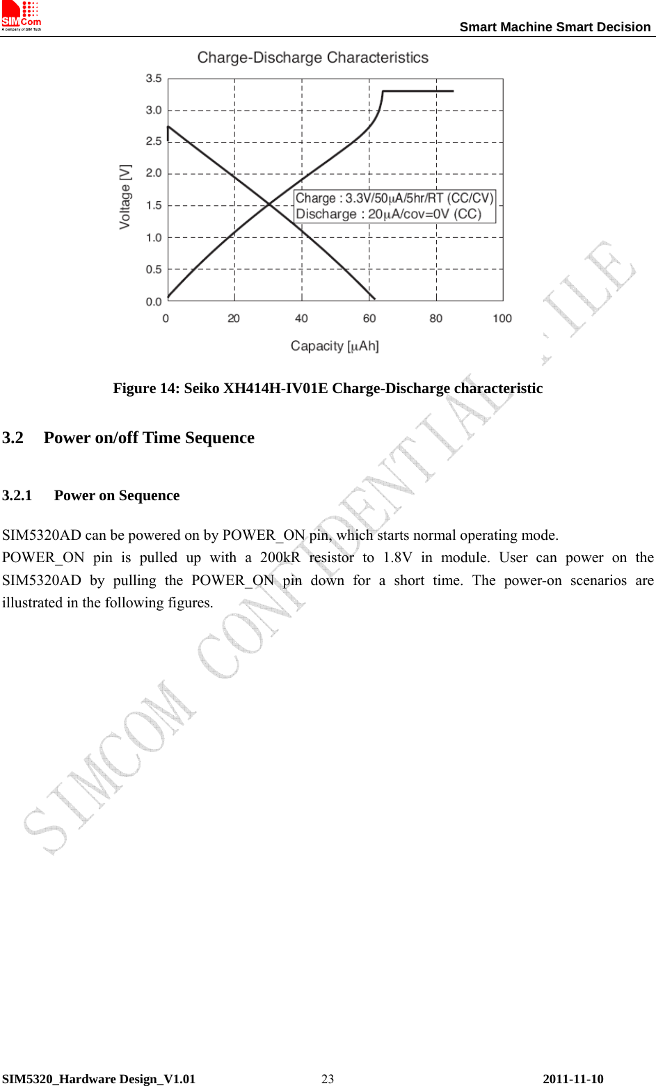                                                                 Smart Machine Smart Decision SIM5320_Hardware Design_V1.01    2011-11-10 23 Figure 14: Seiko XH414H-IV01E Charge-Discharge characteristic 3.2 Power on/off Time Sequence 3.2.1 Power on Sequence SIM5320AD can be powered on by POWER_ON pin, which starts normal operating mode. POWER_ON pin is pulled up with a 200kR resistor to 1.8V in module. User can power on the SIM5320AD by pulling the POWER_ON pin down for a short time. The power-on scenarios are illustrated in the following figures.  