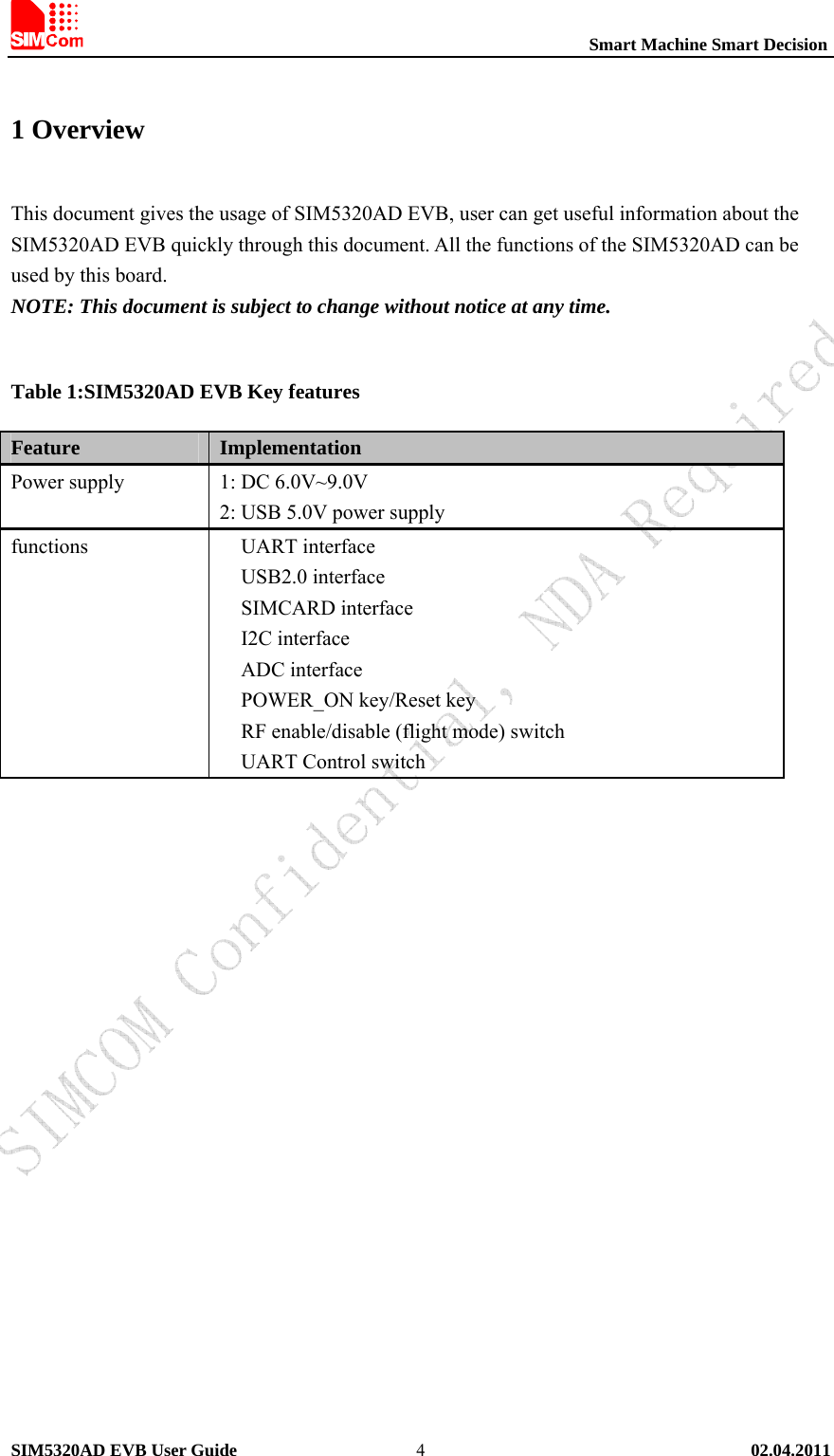                                                          Smart Machine Smart Decision SIM5320AD EVB User Guide   02.04.2011   41 Overview   This document gives the usage of SIM5320AD EVB, user can get useful information about the SIM5320AD EVB quickly through this document. All the functions of the SIM5320AD can be used by this board.   NOTE: This document is subject to change without notice at any time.  Table 1:SIM5320AD EVB Key features Feature Implementation Power supply   1: DC 6.0V~9.0V 2: USB 5.0V power supply functions  UART interface  USB2.0 interface  SIMCARD interface  I2C interface  ADC interface  POWER_ON key/Reset key  RF enable/disable (flight mode) switch  UART Control switch 