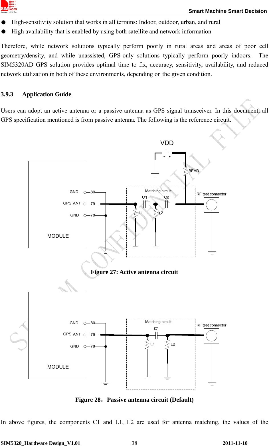                                                                 Smart Machine Smart Decision SIM5320_Hardware Design_V1.01    2011-11-10 38●  High-sensitivity solution that works in all terrains: Indoor, outdoor, urban, and rural ●  High availability that is enabled by using both satellite and network information Therefore, while network solutions typically perform poorly in rural areas and areas of poor cell geometry/density, and while unassisted, GPS-only solutions typically perform poorly indoors.  The SIM5320AD GPS solution provides optimal time to fix, accuracy, sensitivity, availability, and reduced network utilization in both of these environments, depending on the given condition. 3.9.3 Application Guide Users can adopt an active antenna or a passive antenna as GPS signal transceiver. In this document, all GPS specification mentioned is from passive antenna. The following is the reference circuit.       Figure 27: Active antenna circuit   Figure 28：Passive antenna circuit (Default)  In above figures, the components C1 and L1, L2 are used for antenna matching, the values of the 