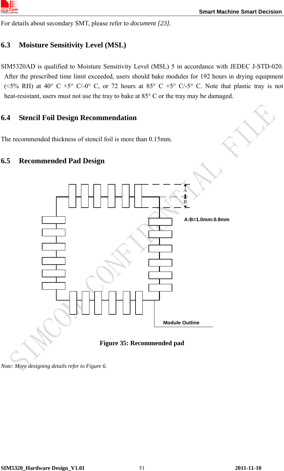                                                                 Smart Machine Smart Decision SIM5320_Hardware Design_V1.01    2011-11-10 51For details about secondary SMT, please refer to document [23]. 6.3 Moisture Sensitivity Level (MSL) SIM5320AD is qualified to Moisture Sensitivity Level (MSL) 5 in accordance with JEDEC J-STD-020. After the prescribed time limit exceeded, users should bake modules for 192 hours in drying equipment (&lt;5% RH) at 40° C +5° C/-0° C, or 72 hours at 85° C +5° C/-5° C. Note that plastic tray is not heat-resistant, users must not use the tray to bake at 85° C or the tray may be damaged. 6.4 Stencil Foil Design Recommendation The recommended thickness of stencil foil is more than 0.15mm. 6.5 Recommended Pad Design Module OutlineABA:B=1.0mm:0.8mm Figure 35: Recommended pad  Note: More designing details refer to Figure 6.         