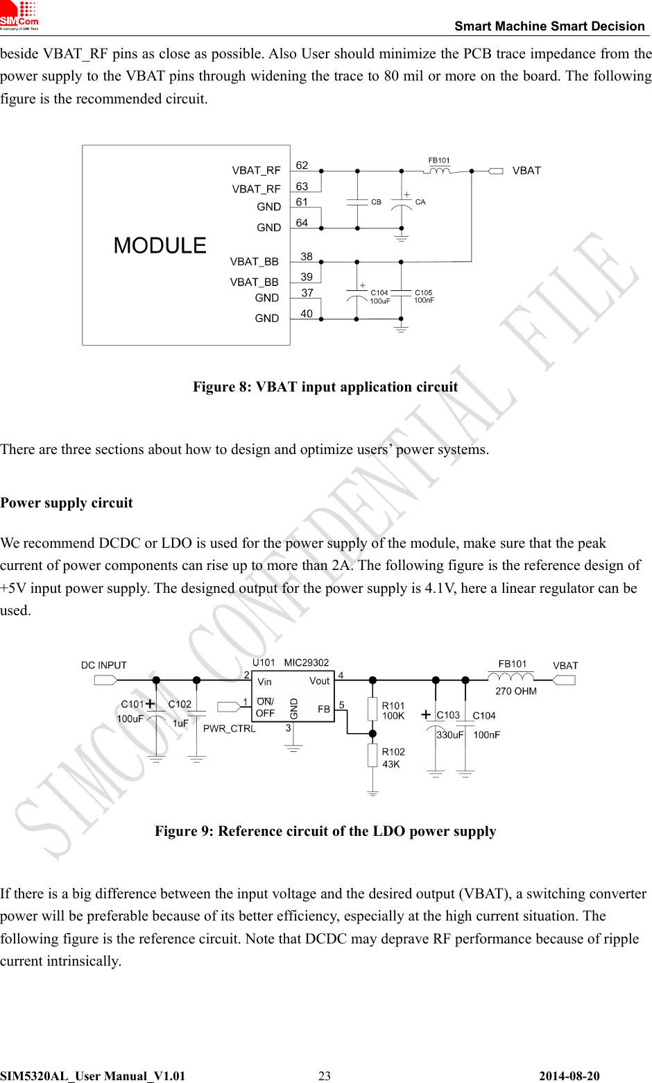 Smart Machine Smart DecisionSIM5320AL_User Manual_V1.01 2014-08-2023beside VBAT_RF pins as close as possible. Also User should minimize the PCB trace impedance from thepower supply to the VBAT pins through widening the trace to 80 mil or more on the board. The followingfigure is the recommended circuit.Figure 8: VBAT input application circuitThere are three sections about how to design and optimize users’ power systems.Power supply circuitWe recommend DCDC or LDO is used for the power supply of the module, make sure that the peakcurrent of power components can rise up to more than 2A. The following figure is the reference design of+5V input power supply. The designed output for the power supply is 4.1V, here a linear regulator can beused.Figure 9: Reference circuit of the LDO power supplyIf there is a big difference between the input voltage and the desired output (VBAT), a switching converterpower will be preferable because of its better efficiency, especially at the high current situation. Thefollowing figure is the reference circuit. Note that DCDC may deprave RF performance because of ripplecurrent intrinsically.