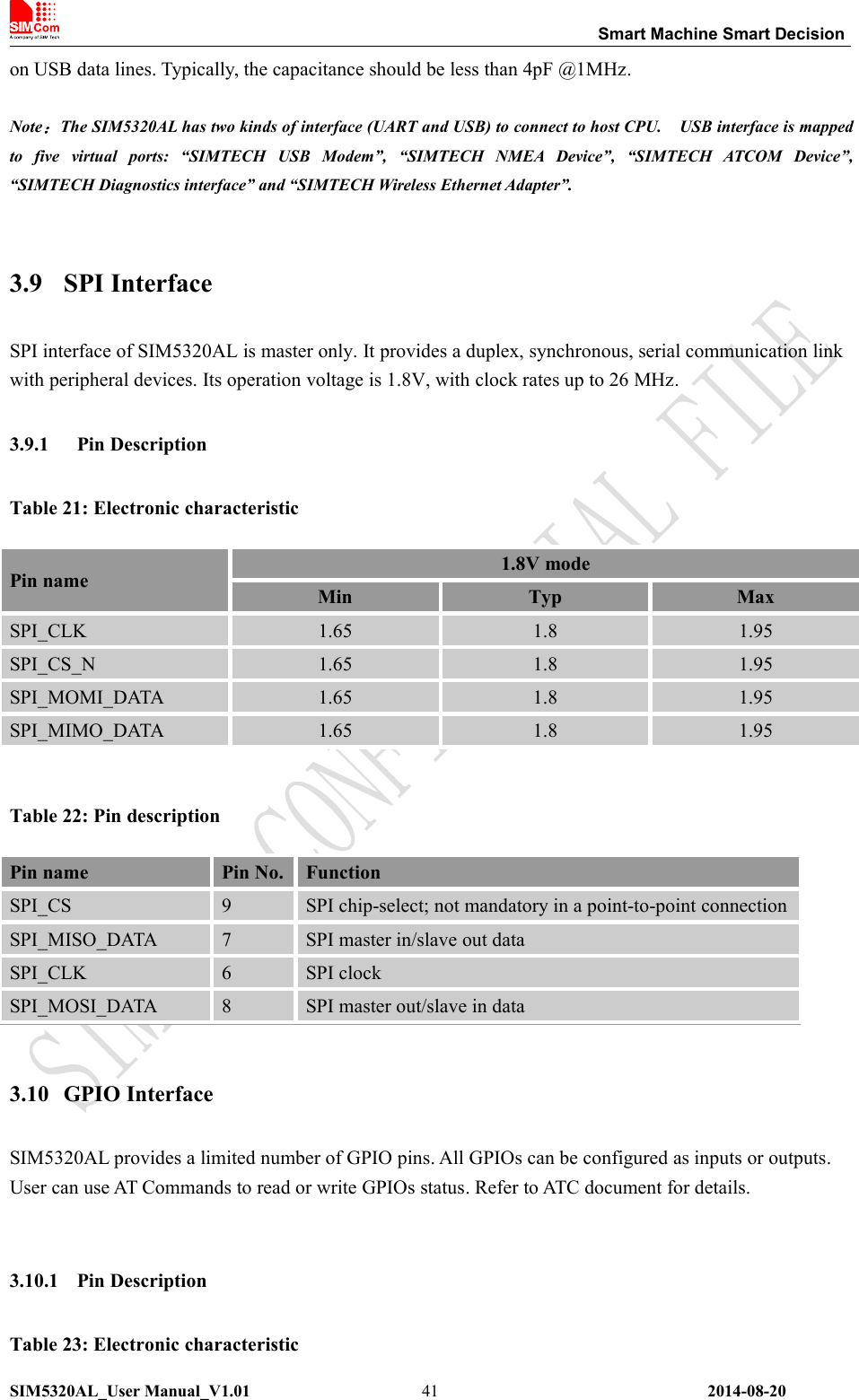 Smart Machine Smart DecisionSIM5320AL_User Manual_V1.01 2014-08-2041on USB data lines. Typically, the capacitance should be less than 4pF @1MHz.Note：The SIM5320AL has two kinds of interface (UART and USB) to connect to host CPU. USB interface is mappedto five virtual ports: “SIMTECH USB Modem”, “SIMTECH NMEA Device”, “SIMTECH ATCOM Device”,“SIMTECH Diagnostics interface” and “SIMTECH Wireless Ethernet Adapter”.3.9 SPI InterfaceSPI interface of SIM5320AL is master only. It provides a duplex, synchronous, serial communication linkwith peripheral devices. Its operation voltage is 1.8V, with clock rates up to 26 MHz.3.9.1 Pin DescriptionTable 21: Electronic characteristicPin name 1.8V modeMin Typ MaxSPI_CLK 1.65 1.8 1.95SPI_CS_N 1.65 1.8 1.95SPI_MOMI_DATA 1.65 1.8 1.95SPI_MIMO_DATA 1.65 1.8 1.95Table 22: Pin description3.10 GPIO InterfaceSIM5320AL provides a limited number of GPIO pins. All GPIOs can be configured as inputs or outputs.User can use AT Commands to read or write GPIOs status. Refer to ATC document for details.3.10.1 Pin DescriptionTable 23: Electronic characteristicPin name Pin No. FunctionSPI_CS 9 SPI chip-select; not mandatory in a point-to-point connectionSPI_MISO_DATA 7 SPI master in/slave out dataSPI_CLK 6 SPI clockSPI_MOSI_DATA 8 SPI master out/slave in data