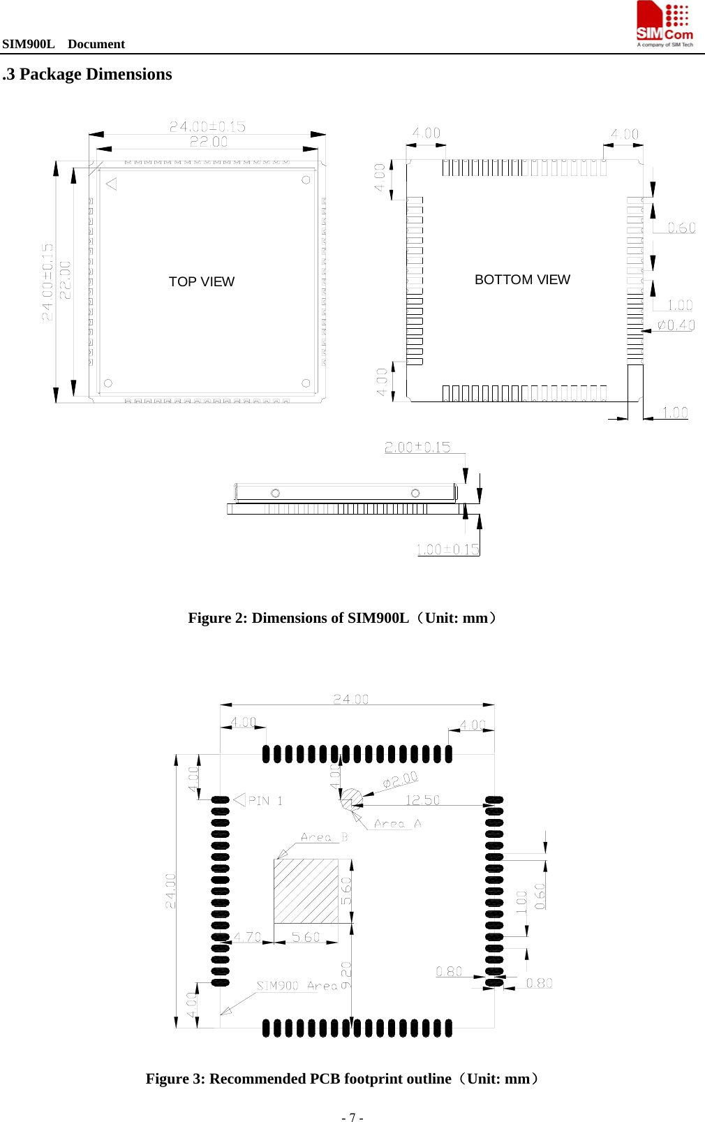 SIM900L  Document                                                                                - 7 - .3 Package Dimensions TOP VIEW BOTTOM VIEW Figure 2: Dimensions of SIM900L（Unit: mm）   Figure 3: Recommended PCB footprint outline（Unit: mm） 