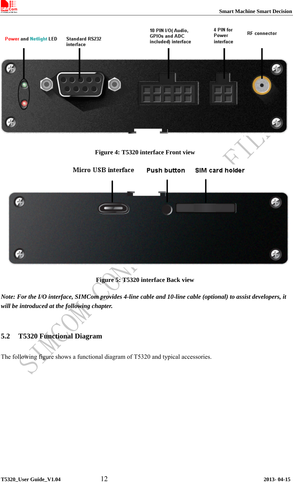                                                                           Smart Machine Smart Decision             T5320_User Guide_V1.04           12                                           2013- 04-15  Figure 4: T5320 interface Front view  Figure 5: T5320 interface Back view Note: For the I/O interface, SIMCom provides 4-line cable and 10-line cable (optional) to assist developers, it will be introduced at the following chapter.  5.2 T5320 Functional Diagram The following figure shows a functional diagram of T5320 and typical accessories.  