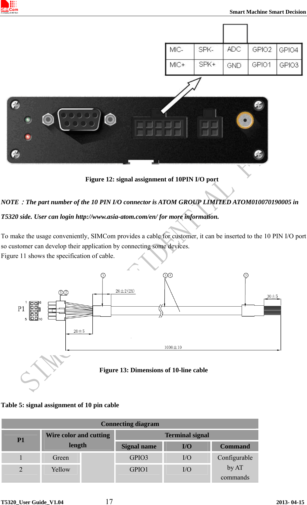                                                                           Smart Machine Smart Decision             T5320_User Guide_V1.04           17                                           2013- 04-15  Figure 12: signal assignment of 10PIN I/O port NOTE：The part number of the 10 PIN I/O connector is ATOM GROUP LIMITED ATOM010070190005 in T5320 side. User can login http://www.asia-atom.com/en/ for more information.  To make the usage conveniently, SIMCom provides a cable for customer, it can be inserted to the 10 PIN I/O port so customer can develop their application by connecting some devices. Figure 11 shows the specification of cable.    Figure 13: Dimensions of 10-line cable    Table 5: signal assignment of 10 pin cable Connecting diagram Terminal signal Wire color and cutting P1  length  Signal name  I/O  Command 1  Green  GPIO3  I/O 2  Yellow    GPIO1  I/O Configurable by AT commands 