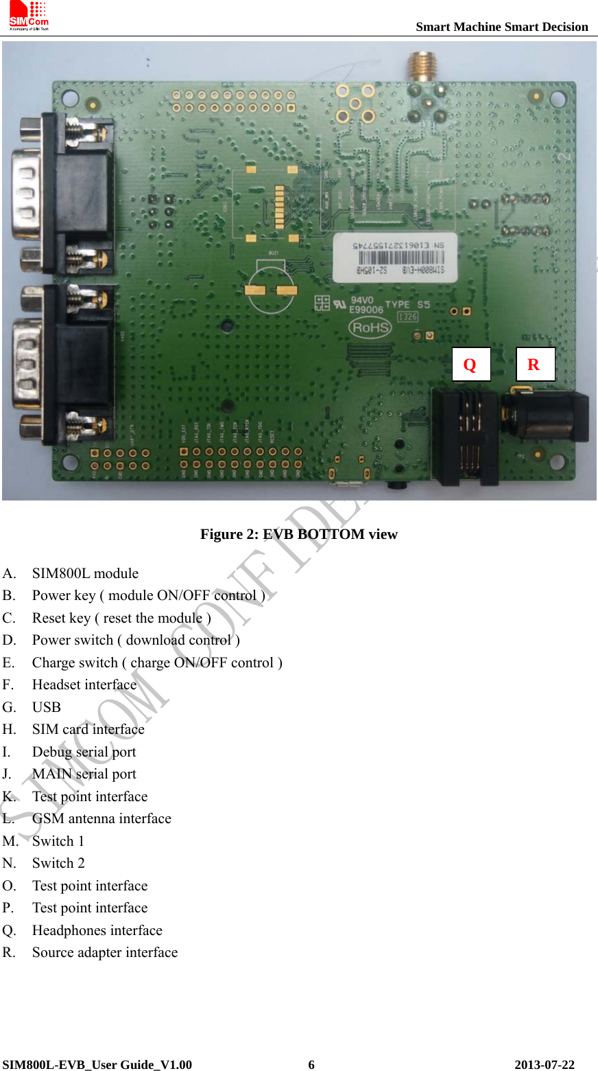                                                          Smart Machine Smart Decision SIM800L-EVB_User Guide_V1.00                  6                               2013-07-22  Figure 2: EVB BOTTOM view A. SIM800L module   B. Power key ( module ON/OFF control )     C. Reset key ( reset the module )     D. Power switch ( download control ) E. Charge switch ( charge ON/OFF control ) F. Headset interface G. USB H. SIM card interface I. Debug serial port J. MAIN serial port K. Test point interface L. GSM antenna interface M. Switch 1 N. Switch 2 O. Test point interface P. Test point interface Q. Headphones interface R. Source adapter interface Q  R 