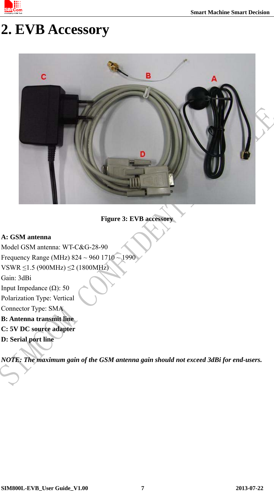                                                          Smart Machine Smart Decision SIM800L-EVB_User Guide_V1.00                  7                               2013-07-22 2. EVB Accessory  Figure 3: EVB accessory A: GSM antenna Model GSM antenna: WT-C&amp;G-28-90   Frequency Range (MHz) 824 ~ 960 1710 ~ 1990   VSWR ≤1.5 (900MHz) ≤2 (1800MHz)   Gain: 3dBi Input Impedance (Ω): 50   Polarization Type: Vertical   Connector Type: SMA B: Antenna transmit line C: 5V DC source adapter D: Serial port line  NOTE: The maximum gain of the GSM antenna gain should not exceed 3dBi for end-users. 