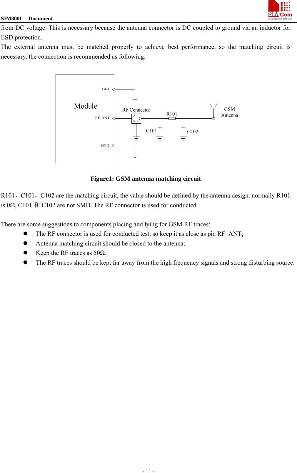 SIM800L  Document                                                                                - 11 - from DC voltage. This is necessary because the antenna connector is DC coupled to ground via an inductor for ESD protection. The external antenna must be matched properly to achieve best performance, so the matching circuit is necessary, the connection is recommended as following:   Figure1: GSM antenna matching circuit R101，C101，C102 are the matching circuit, the value should be defined by the antenna design. normally R101 is 0Ω, C101 和C102 are not SMD. The RF connector is used for conducted.    There are some suggestions to components placing and lying for GSM RF traces:    The RF connector is used for conducted test, so keep it as close as pin RF_ANT;  Antenna matching circuit should be closed to the antenna;  Keep the RF traces as 50Ω；  The RF traces should be kept far away from the high frequency signals and strong disturbing source.    