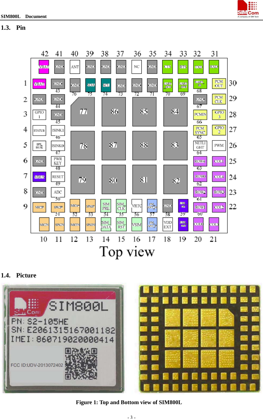 SIM800L  Document                                                                                - 3 - 1.3. Pin   1.4. Picture  Figure 1: Top and Bottom view of SIM800L 