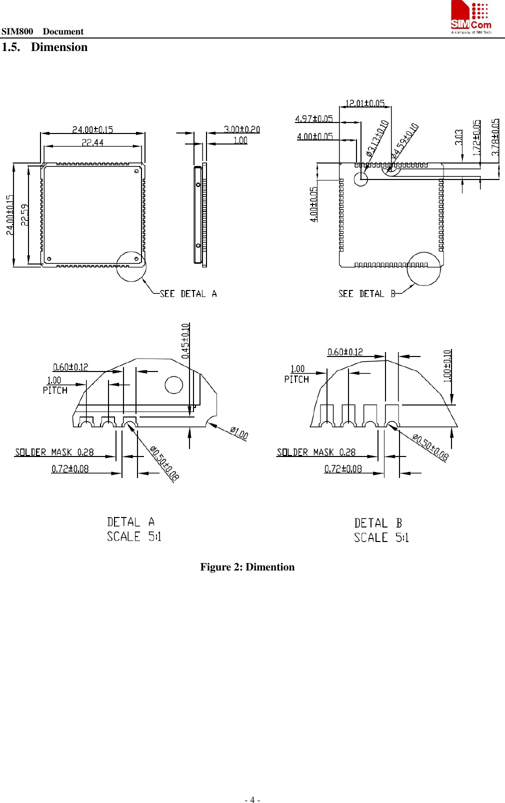 SIM800  Document                                                                                                                                                          - 4 - 1.5. Dimension               Figure 2: Dimention  