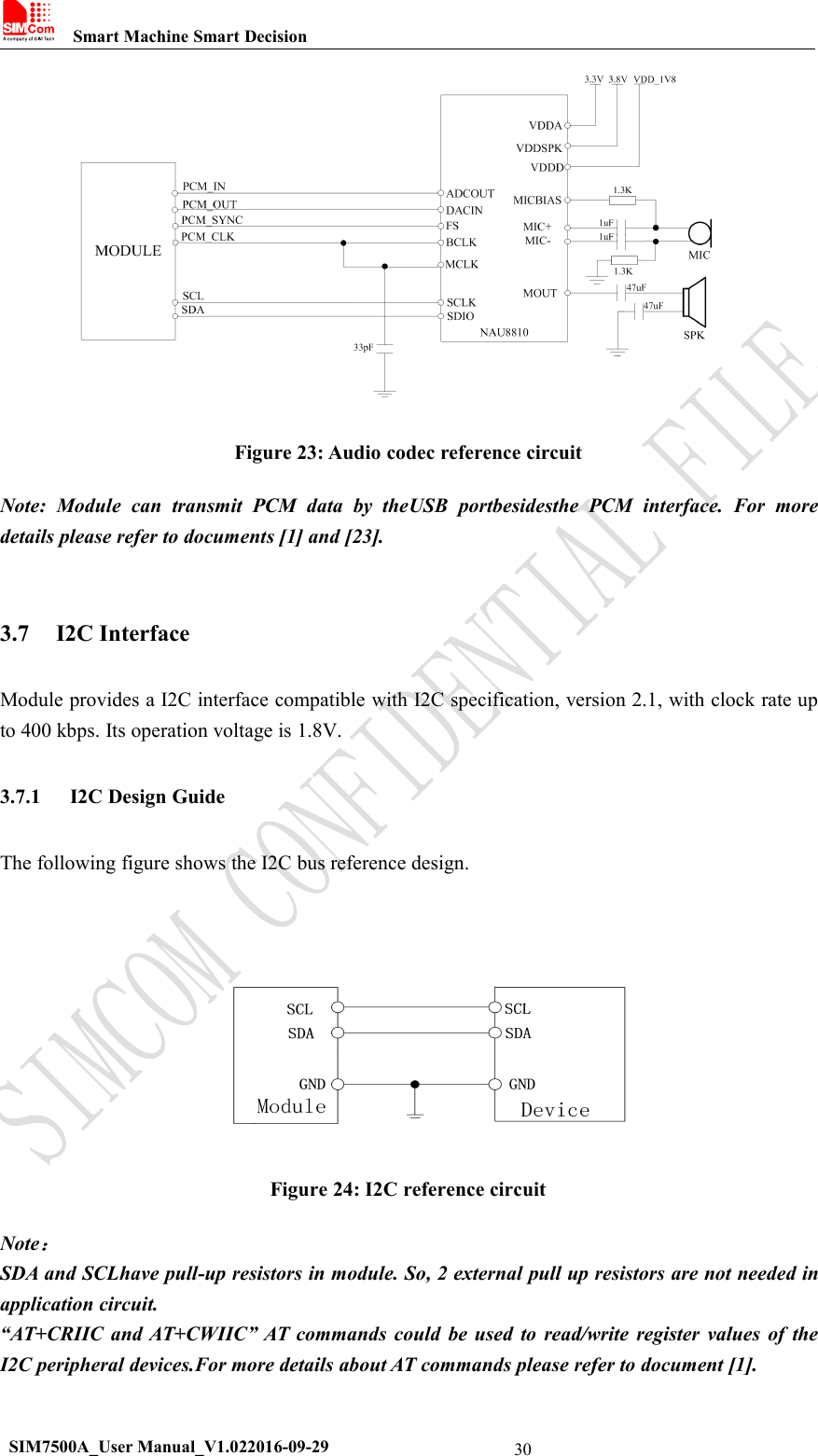 Smart Machine Smart DecisionSIM7500A_User Manual_V1.022016-09-2930Figure 23: Audio codec reference circuitNote: Module can transmit PCM data by theUSB portbesidesthe PCM interface. For moredetails please refer to documents [1] and [23].3.7 I2C InterfaceModule provides a I2C interface compatible with I2C specification, version 2.1, with clock rate upto 400 kbps. Its operation voltage is 1.8V.3.7.1 I2C Design GuideThe following figure shows the I2C bus reference design.Figure 24: I2C reference circuitNote：SDA and SCLhave pull-up resistors in module. So, 2 external pull up resistors are not needed inapplication circuit.“AT+CRIIC and AT+CWIIC” AT commands could be used to read/write register values of theI2C peripheral devices.For more details about AT commands please refer to document [1].