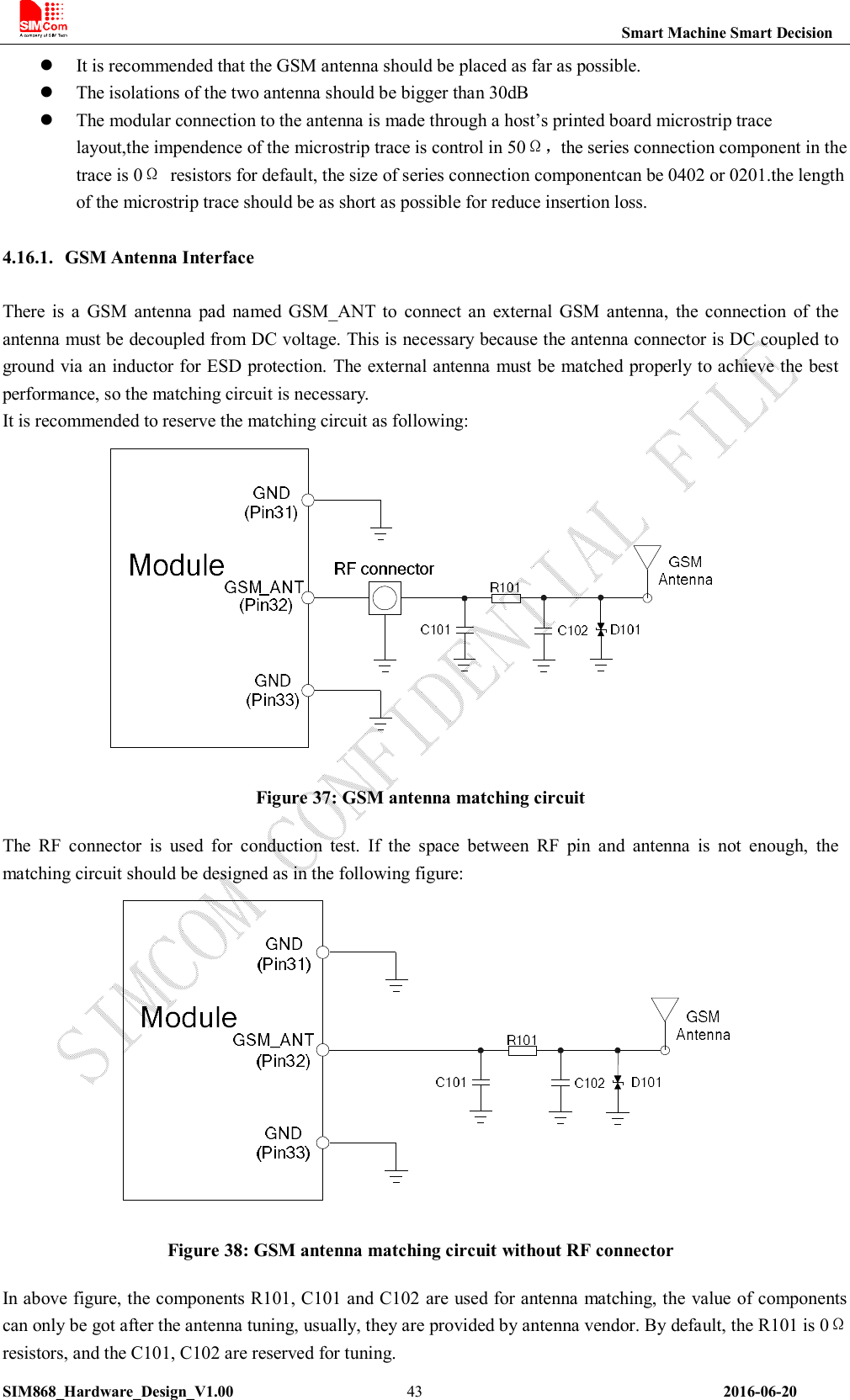                                                                       Smart Machine Smart Decision SIM868_Hardware_Design_V1.00                      43                                                                2016-06-20  It is recommended that the GSM antenna should be placed as far as possible.  The isolations of the two antenna should be bigger than 30dB  The modular connection to the antenna is made through a host’s printed board microstrip trace layout,the impendence of the microstrip trace is control in 50Ω，the series connection component in the trace is 0Ω  resistors for default, the size of series connection componentcan be 0402 or 0201.the length of the microstrip trace should be as short as possible for reduce insertion loss.  4.16.1. GSM Antenna Interface  There  is  a  GSM  antenna  pad  named  GSM_ANT  to  connect  an  external  GSM  antenna,  the  connection  of  the antenna must be decoupled from DC voltage. This is necessary because the antenna connector is DC coupled to ground via an inductor for ESD protection. The external antenna must be matched properly to achieve the best performance, so the matching circuit is necessary. It is recommended to reserve the matching circuit as following:  Figure 37: GSM antenna matching circuit The  RF  connector  is  used  for  conduction  test.  If  the  space  between  RF  pin  and  antenna  is  not  enough,  the matching circuit should be designed as in the following figure:  Figure 38: GSM antenna matching circuit without RF connector In above figure, the components R101, C101 and C102 are used for antenna matching, the value of components can only be got after the antenna tuning, usually, they are provided by antenna vendor. By default, the R101 is 0Ω resistors, and the C101, C102 are reserved for tuning.   