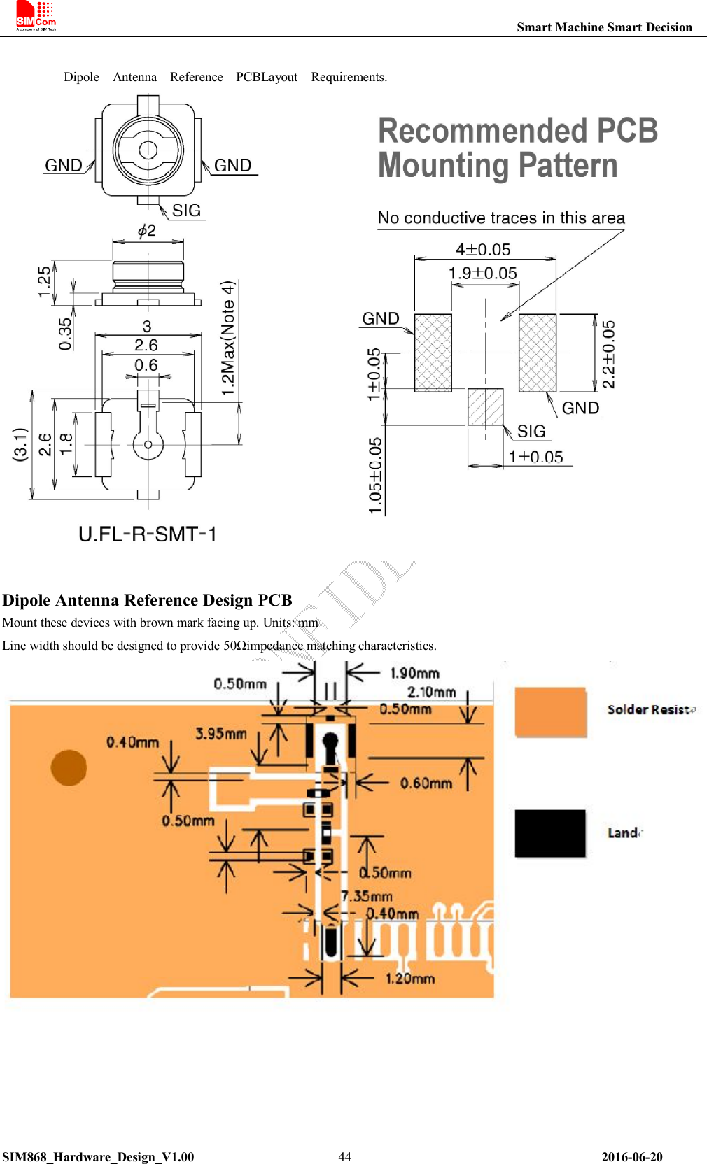                                                                       Smart Machine Smart Decision SIM868_Hardware_Design_V1.00                      44                                                                2016-06-20         Dipole    Antenna    Reference    PCBLayout    Requirements.   Dipole Antenna Reference Design PCB Mount these devices with brown mark facing up. Units: mm Line width should be designed to provide 50Ωimpedance matching characteristics.  