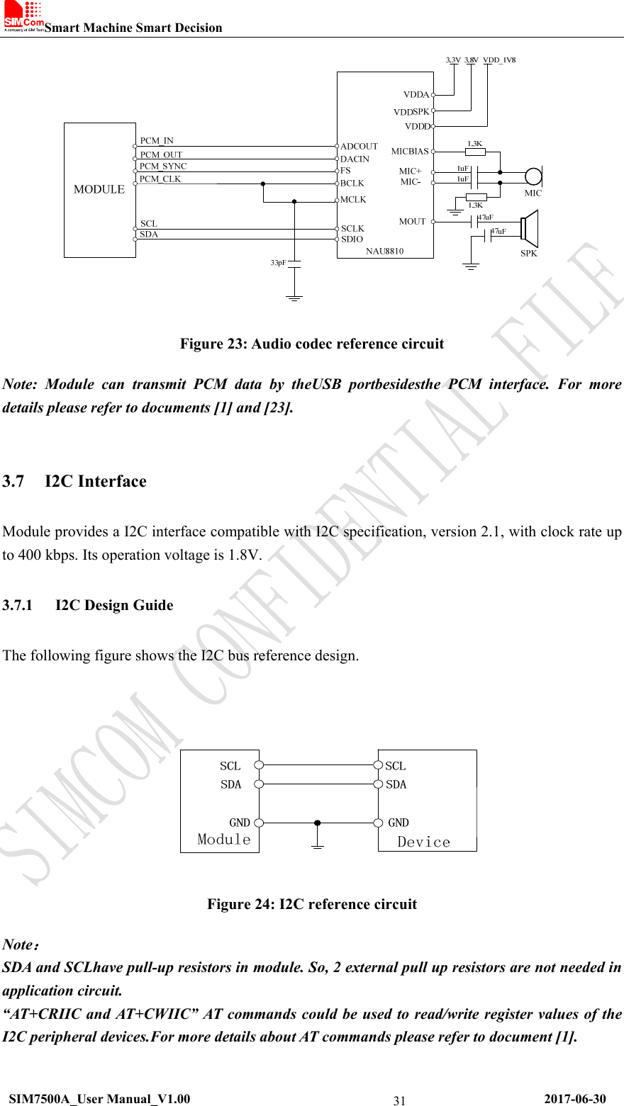 Smart Machine Smart Decision   SIM7500A_User Manual_V1.00                                                      2017-06-30 31 Figure 23: Audio codec reference circuit Note: Module can transmit PCM data by theUSB portbesidesthe PCM interface. For more details please refer to documents [1] and [23].  3.7 I2C Interface Module provides a I2C interface compatible with I2C specification, version 2.1, with clock rate up to 400 kbps. Its operation voltage is 1.8V. 3.7.1 I2C Design Guide The following figure shows the I2C bus reference design.  Figure 24: I2C reference circuit Note： SDA and SCLhave pull-up resistors in module. So, 2 external pull up resistors are not needed in application circuit.   “AT+CRIIC and AT+CWIIC” AT commands could be used to read/write register values of the I2C peripheral devices.For more details about AT commands please refer to document [1]. 