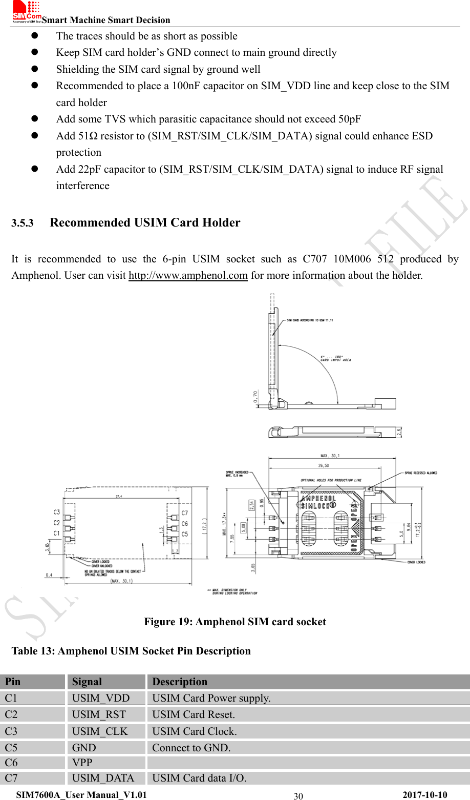 Smart Machine Smart Decision  SIM7600A_User Manual_V1.01                                                     2017-10-10 30 The traces should be as short as possible  Keep SIM card holder’s GND connect to main ground directly  Shielding the SIM card signal by ground well    Recommended to place a 100nF capacitor on SIM_VDD line and keep close to the SIM card holder  Add some TVS which parasitic capacitance should not exceed 50pF  Add 51Ω resistor to (SIM_RST/SIM_CLK/SIM_DATA) signal could enhance ESD protection  Add 22pF capacitor to (SIM_RST/SIM_CLK/SIM_DATA) signal to induce RF signal interference  3.5.3 Recommended USIM Card Holder It is recommended to use the 6-pin USIM socket such as C707 10M006 512 produced by Amphenol. User can visit http://www.amphenol.com for more information about the holder.  Figure 19: Amphenol SIM card socket Table 13: Amphenol USIM Socket Pin Description Pin  Signal  Description C1  USIM_VDD  USIM Card Power supply. C2  USIM_RST  USIM Card Reset. C3  USIM_CLK  USIM Card Clock. C5  GND  Connect to GND. C6  VPP   C7  USIM_DATA  USIM Card data I/O. 