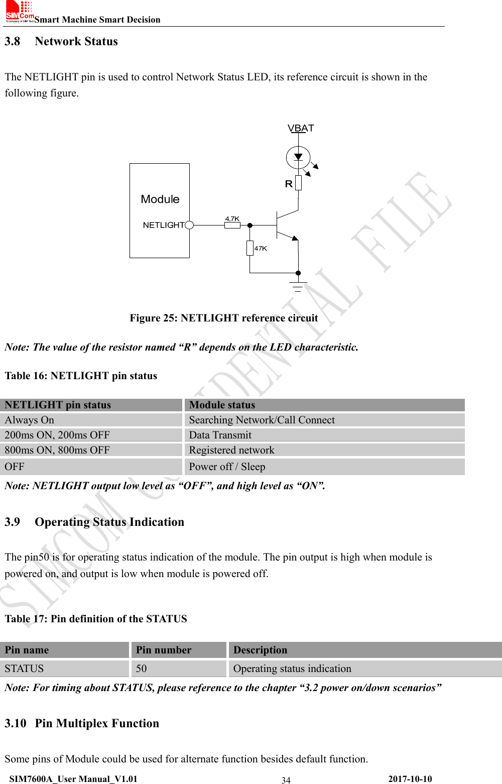 Smart Machine Smart Decision  SIM7600A_User Manual_V1.01                                                     2017-10-10 343.8 Network Status The NETLIGHT pin is used to control Network Status LED, its reference circuit is shown in the following figure.   Figure 25: NETLIGHT reference circuit Note: The value of the resistor named “R” depends on the LED characteristic. Table 16: NETLIGHT pin status NETLIGHT pin status    Module status Always On  Searching Network/Call Connect 200ms ON, 200ms OFF  Data Transmit 800ms ON, 800ms OFF  Registered network OFF  Power off / Sleep Note: NETLIGHT output low level as “OFF”, and high level as “ON”. 3.9 Operating Status Indication The pin50 is for operating status indication of the module. The pin output is high when module is powered on, and output is low when module is powered off.  Table 17: Pin definition of the STATUS Pin name  Pin number  Description STATUS  50  Operating status indication Note: For timing about STATUS, please reference to the chapter “3.2 power on/down scenarios” 3.10 Pin Multiplex Function Some pins of Module could be used for alternate function besides default function. 
