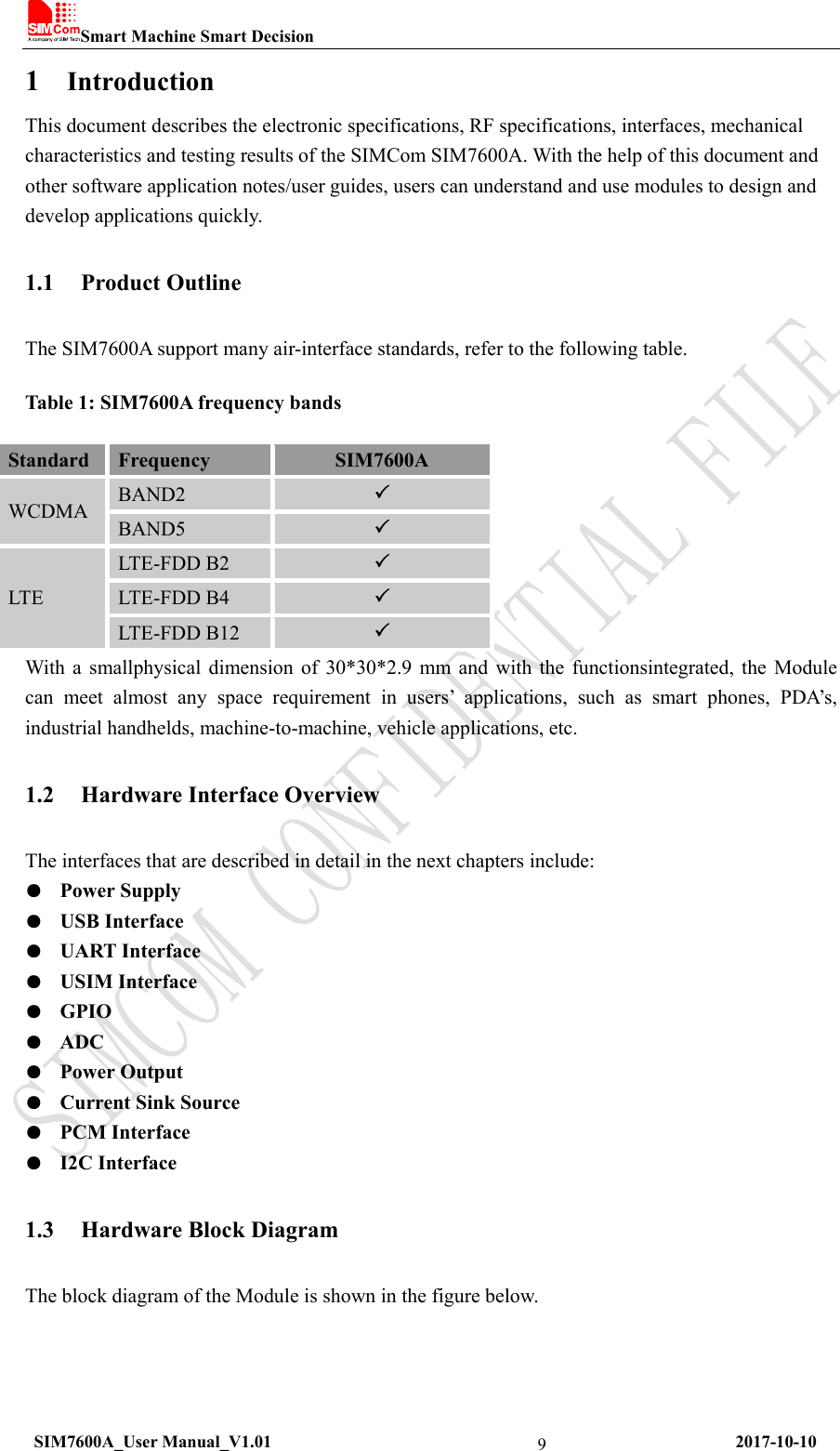 Smart Machine Smart Decision  SIM7600A_User Manual_V1.01                                                     2017-10-10 91 Introduction This document describes the electronic specifications, RF specifications, interfaces, mechanical characteristics and testing results of the SIMCom SIM7600A. With the help of this document and other software application notes/user guides, users can understand and use modules to design and develop applications quickly. 1.1 Product Outline The SIM7600A support many air-interface standards, refer to the following table. Table 1: SIM7600A frequency bands Standard  Frequency  SIM7600A WCDMA  BAND2   BAND5   LTE LTE-FDD B2   LTE-FDD B4   LTE-FDD B12   With a smallphysical dimension of 30*30*2.9 mm and with the functionsintegrated, the Module can meet almost any space requirement in users’ applications, such as smart phones, PDA’s, industrial handhelds, machine-to-machine, vehicle applications, etc. 1.2 Hardware Interface Overview The interfaces that are described in detail in the next chapters include: ●  Power Supply ●  USB Interface ●  UART Interface ●  USIM Interface ●  GPIO ●  ADC ●  Power Output ●  Current Sink Source ●  PCM Interface ●  I2C Interface 1.3 Hardware Block Diagram The block diagram of the Module is shown in the figure below. 