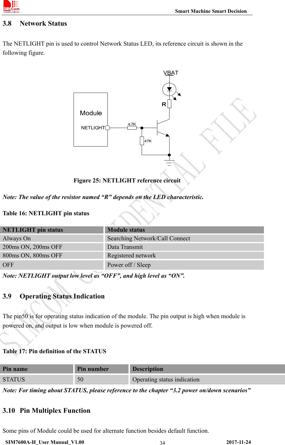                                                           Smart Machine Smart Decision  SIM7600A-H_User Manual_V1.00                                                     2017-11-24 343.8 Network Status The NETLIGHT pin is used to control Network Status LED, its reference circuit is shown in the following figure.   Figure 25: NETLIGHT reference circuit Note: The value of the resistor named “R” depends on the LED characteristic. Table 16: NETLIGHT pin status NETLIGHT pin status    Module status Always On  Searching Network/Call Connect 200ms ON, 200ms OFF  Data Transmit 800ms ON, 800ms OFF  Registered network OFF  Power off / Sleep Note: NETLIGHT output low level as “OFF”, and high level as “ON”. 3.9 Operating Status Indication The pin50 is for operating status indication of the module. The pin output is high when module is powered on, and output is low when module is powered off.  Table 17: Pin definition of the STATUS Pin name  Pin number  Description STATUS  50  Operating status indication Note: For timing about STATUS, please reference to the chapter “3.2 power on/down scenarios” 3.10 Pin Multiplex Function Some pins of Module could be used for alternate function besides default function. 