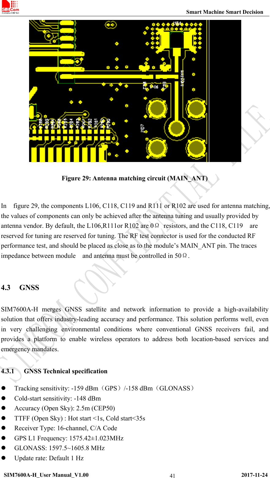                                                           Smart Machine Smart Decision  SIM7600A-H_User Manual_V1.00                                                     2017-11-24 41 Figure 29: Antenna matching circuit (MAIN_ANT)  In    figure 29, the components L106, C118, C119 and R111 or R102 are used for antenna matching, the values of components can only be achieved after the antenna tuning and usually provided by antenna vendor. By default, the L106,R111or R102 are 0Ω  resistors, and the C118, C119    are reserved for tuning are reserved for tuning. The RF test connector is used for the conducted RF performance test, and should be placed as close as to the module’s MAIN_ANT pin. The traces impedance between module    and antenna must be controlled in 50Ω.  4.3 GNSS SIM7600A-H merges GNSS satellite and network information to provide a high-availability solution that offers industry-leading accuracy and performance. This solution performs well, even in very challenging environmental conditions where conventional GNSS receivers fail, and provides a platform to enable wireless operators to address both location-based services and emergency mandates. 4.3.1 GNSS Technical specification  Tracking sensitivity: -159 dBm（GPS）/-158 dBm（GLONASS）  Cold-start sensitivity: -148 dBm  Accuracy (Open Sky): 2.5m (CEP50)  TTFF (Open Sky) : Hot start &lt;1s, Cold start&lt;35s  Receiver Type: 16-channel, C/A Code  GPS L1 Frequency: 1575.42±1.023MHz  GLONASS: 1597.5~1605.8 MHz  Update rate: Default 1 Hz 