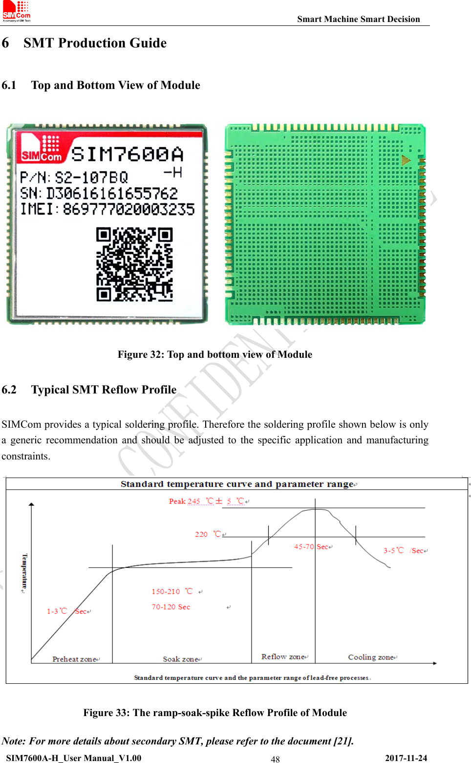                                                           Smart Machine Smart Decision  SIM7600A-H_User Manual_V1.00                                                     2017-11-24 486 SMT Production Guide 6.1 Top and Bottom View of Module  Figure 32: Top and bottom view of Module 6.2 Typical SMT Reflow Profile SIMCom provides a typical soldering profile. Therefore the soldering profile shown below is only a generic recommendation and should be adjusted to the specific application and manufacturing constraints.  Figure 33: The ramp-soak-spike Reflow Profile of Module Note: For more details about secondary SMT, please refer to the document [21]. 