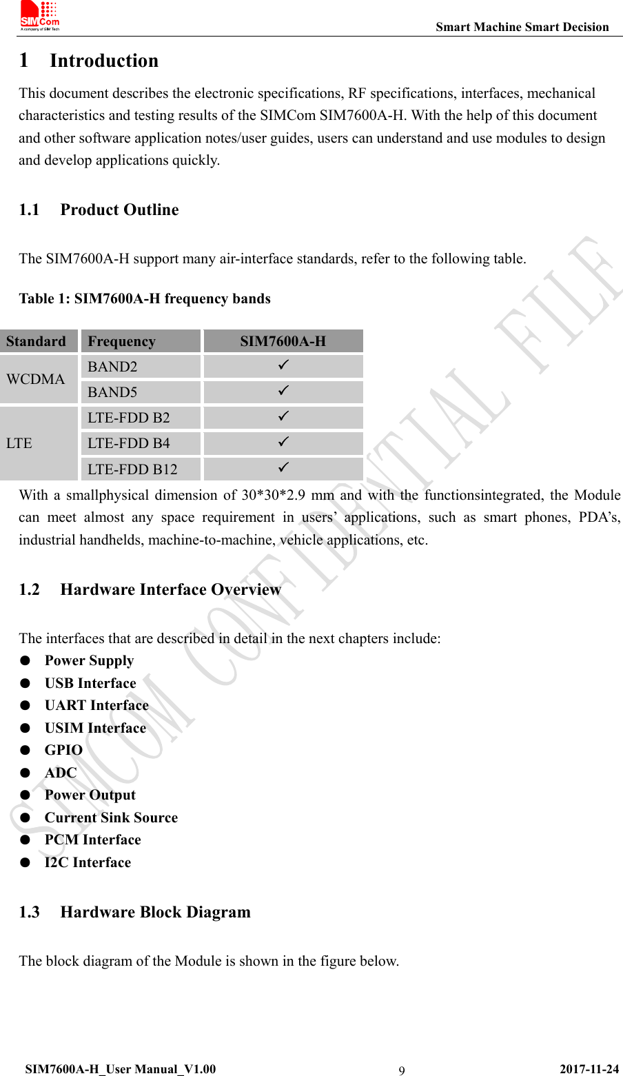                                                           Smart Machine Smart Decision  SIM7600A-H_User Manual_V1.00                                                     2017-11-24 91 Introduction This document describes the electronic specifications, RF specifications, interfaces, mechanical characteristics and testing results of the SIMCom SIM7600A-H. With the help of this document and other software application notes/user guides, users can understand and use modules to design and develop applications quickly. 1.1 Product Outline The SIM7600A-H support many air-interface standards, refer to the following table. Table 1: SIM7600A-H frequency bands Standard  Frequency  SIM7600A-H WCDMA  BAND2   BAND5   LTE LTE-FDD B2   LTE-FDD B4   LTE-FDD B12   With a smallphysical dimension of 30*30*2.9 mm and with the functionsintegrated, the Module can meet almost any space requirement in users’ applications, such as smart phones, PDA’s, industrial handhelds, machine-to-machine, vehicle applications, etc. 1.2 Hardware Interface Overview The interfaces that are described in detail in the next chapters include: ●  Power Supply ●  USB Interface ●  UART Interface ●  USIM Interface ●  GPIO ●  ADC ●  Power Output ●  Current Sink Source ●  PCM Interface ●  I2C Interface 1.3 Hardware Block Diagram The block diagram of the Module is shown in the figure below. 