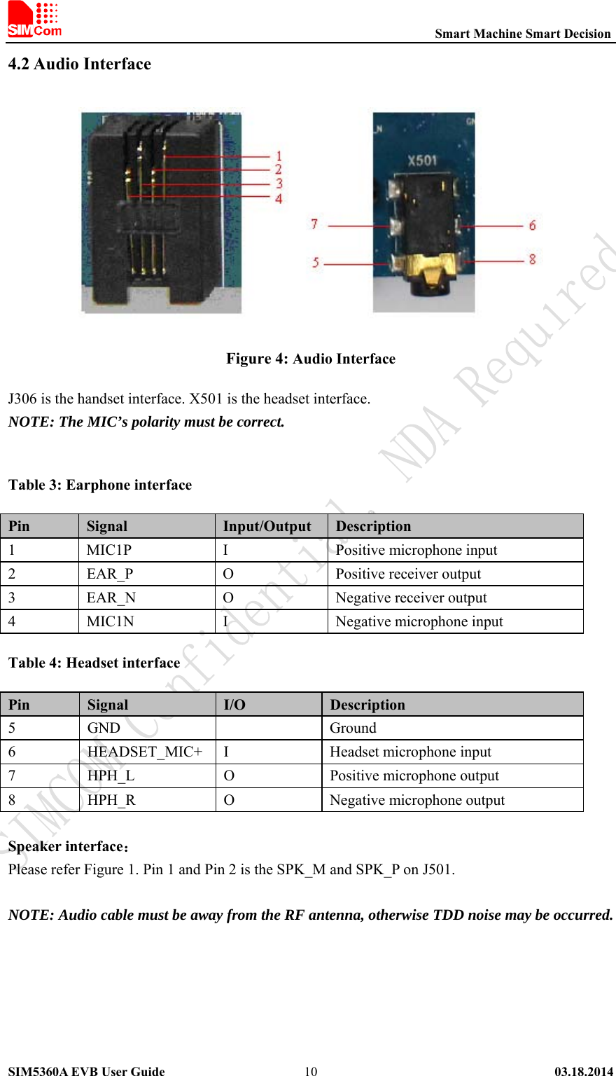                                                          Smart Machine Smart Decision SIM5360A EVB User Guide   03.18.2014   104.2 Audio Interface  Figure 4: Audio Interface J306 is the handset interface. X501 is the headset interface. NOTE: The MIC’s polarity must be correct.  Table 3: Earphone interface Pin  Signal  Input/Output  Description 1  MIC1P  I  Positive microphone input   2  EAR_P  O  Positive receiver output 3  EAR_N  O  Negative receiver output 4  MIC1N  I  Negative microphone input Table 4: Headset interface Pin  Signal  I/O  Description 5  GND    Ground 6  HEADSET_MIC+  I Headset microphone input   7  HPH_L  O  Positive microphone output 8  HPH_R  O  Negative microphone output  Speaker interface： Please refer Figure 1. Pin 1 and Pin 2 is the SPK_M and SPK_P on J501.  NOTE: Audio cable must be away from the RF antenna, otherwise TDD noise may be occurred.   