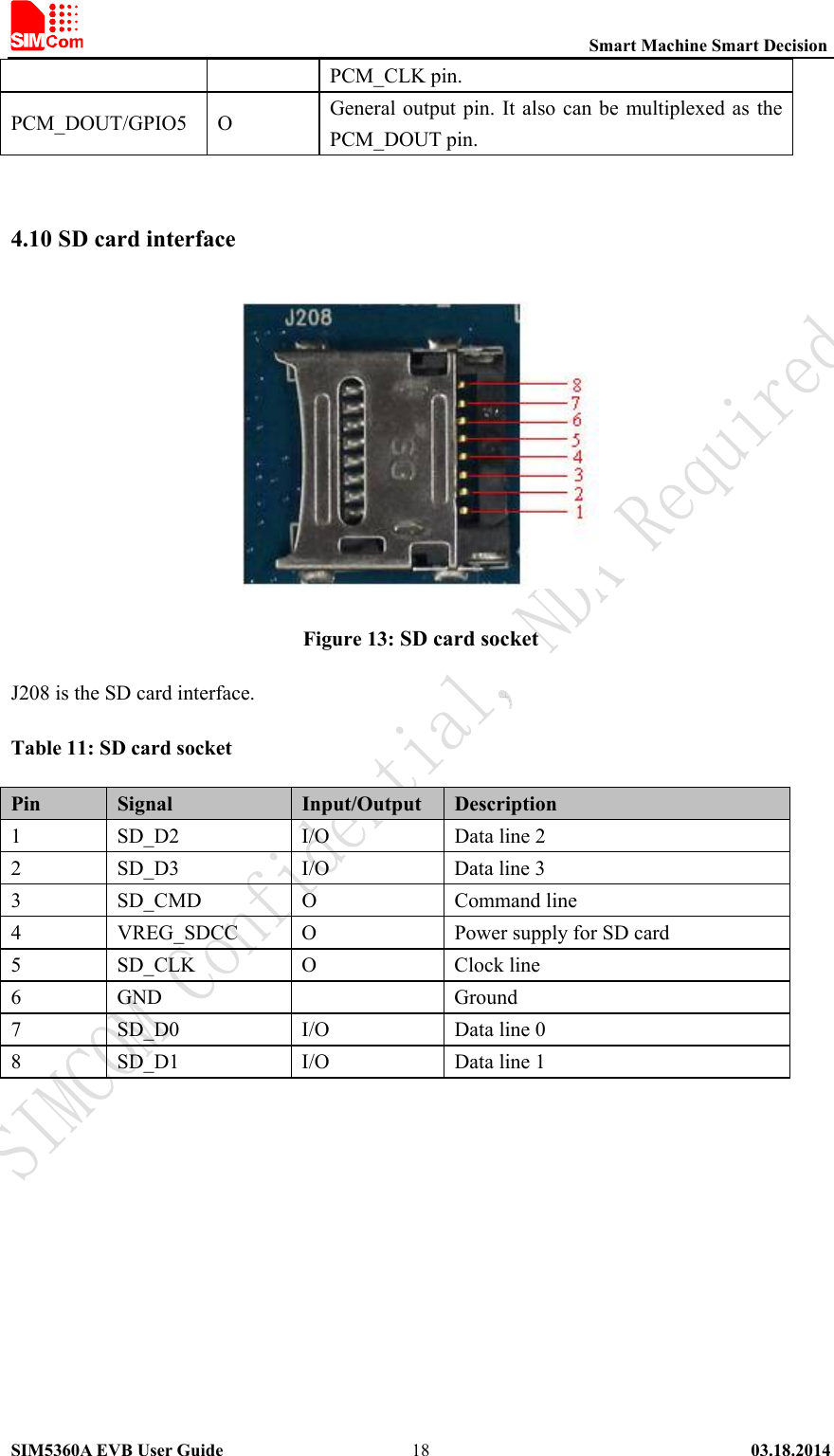                                                          Smart Machine Smart Decision SIM5360A EVB User Guide   03.18.2014   18PCM_CLK pin. PCM_DOUT/GPIO5  O  General output pin. It also can be multiplexed as the PCM_DOUT pin.  4.10 SD card interface  Figure 13: SD card socket J208 is the SD card interface. Table 11: SD card socket Pin  Signal  Input/Output  Description 1  SD_D2  I/O  Data line 2 2  SD_D3  I/O  Data line 3 3  SD_CMD  O  Command line 4  VREG_SDCC  O  Power supply for SD card 5  SD_CLK  O  Clock line 6  GND    Ground 7  SD_D0  I/O  Data line 0 8  SD_D1  I/O  Data line 1 