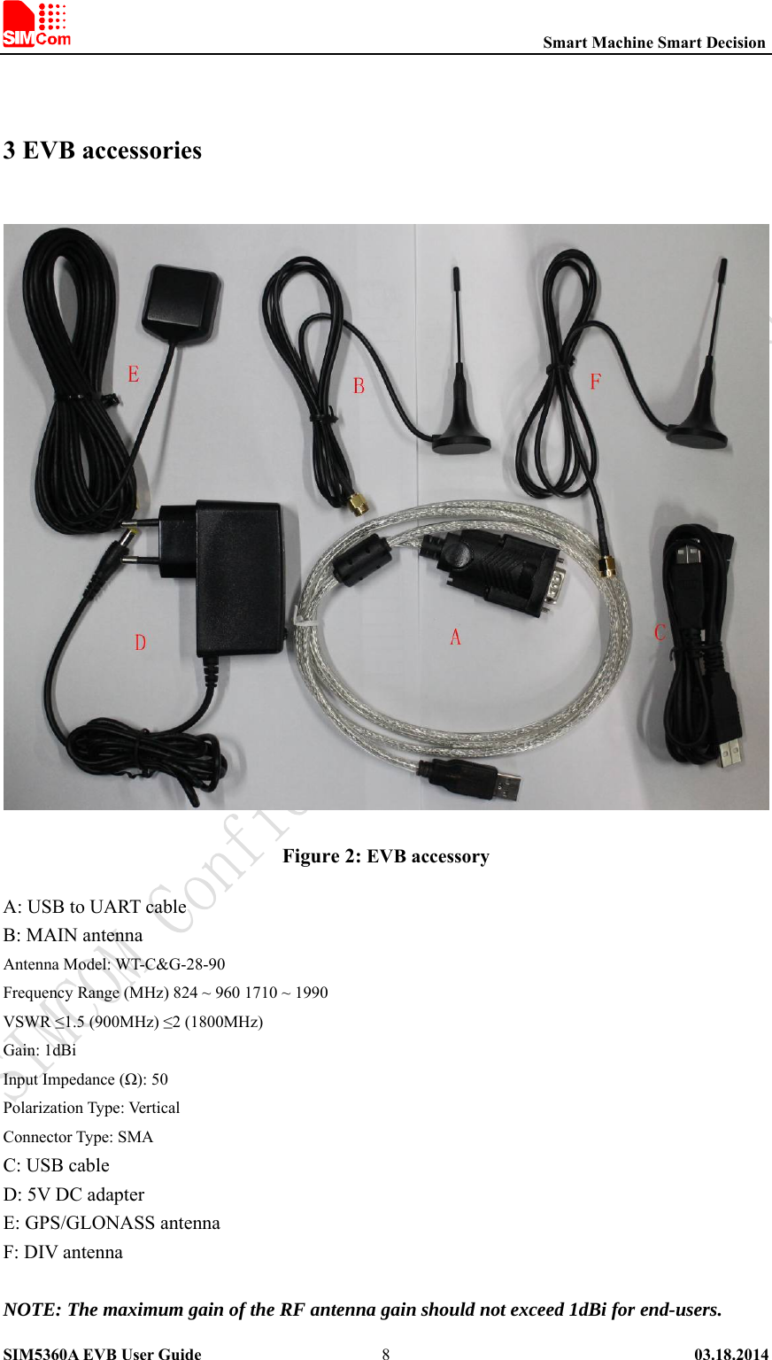                                                          Smart Machine Smart Decision SIM5360A EVB User Guide   03.18.2014   8 3 EVB accessories  Figure 2: EVB accessory A: USB to UART cable B: MAIN antenna Antenna Model: WT-C&amp;G-28-90   Frequency Range (MHz) 824 ~ 960 1710 ~ 1990   VSWR ≤1.5 (900MHz) ≤2 (1800MHz)   Gain: 1dBi Input Impedance (Ω): 50   Polarization Type: Vertical   Connector Type: SMA C: USB cable D: 5V DC adapter E: GPS/GLONASS antenna F: DIV antenna  NOTE: The maximum gain of the RF antenna gain should not exceed 1dBi for end-users.   