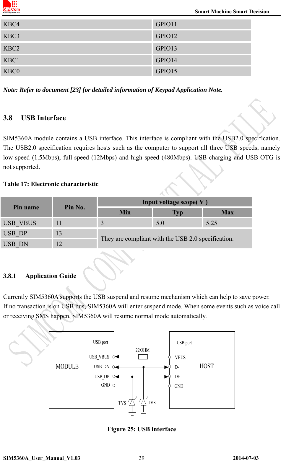                                                                Smart Machine Smart Decision SIM5360A_User_Manual_V1.03                 2014-07-03 39KBC4  GPIO11 KBC3  GPIO12 KBC2  GPIO13 KBC1  GPIO14 KBC0  GPIO15  Note: Refer to document [23] for detailed information of Keypad Application Note.  3.8 USB Interface SIM5360A module contains a USB interface. This interface is compliant with the USB2.0 specification. The  USB2.0 specification  requires hosts such  as the  computer to support all three USB speeds, namely low-speed (1.5Mbps), full-speed (12Mbps) and  high-speed (480Mbps). USB  charging  and USB-OTG  is not supported. Table 17: Electronic characteristic Pin name  Pin No.  Input voltage scope( V ) Min  Typ  Max USB_VBUS  11  3  5.0  5.25 USB_DP  13  They are compliant with the USB 2.0 specification. USB_DN  12  3.8.1 Application Guide Currently SIM5360A supports the USB suspend and resume mechanism which can help to save power.   If no transaction is on USB bus, SIM5360A will enter suspend mode. When some events such as voice call or receiving SMS happen, SIM5360A will resume normal mode automatically.   Figure 25: USB interface 