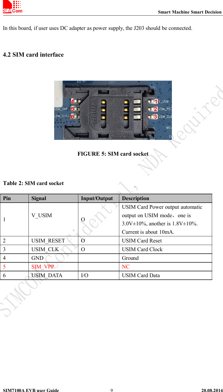 Smart Machine Smart DecisionSIM7100A EVB user Guide 20.08.20149In this board, if user uses DC adapter as power supply, the J203 should be connected.4.2 SIM card interfaceFIGURE 5: SIM card socketTable 2: SIM card socketPin Signal Input/Output Description1V_USIM OUSIM Card Power output automaticoutput on USIM mode，one is3.0V±10%, another is 1.8V±10%.Current is about 10mA.2 USIM_RESET O USIM Card Reset3 USIM_CLK O USIM Card Clock4 GND Ground5 SIM_VPP NC6 USIM_DATA I/O USIM Card Data