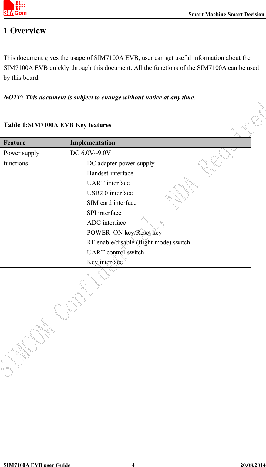 Smart Machine Smart DecisionSIM7100A EVB user Guide 20.08.201441 OverviewThis document gives the usage of SIM7100A EVB, user can get useful information about theSIM7100A EVB quickly through this document. All the functions of the SIM7100A can be usedby this board.NOTE: This document is subject to change without notice at any time.Table 1:SIM7100A EVB Key featuresFeature ImplementationPower supply DC 6.0V~9.0Vfunctions DC adapter power supplyHandset interfaceUART interfaceUSB2.0 interfaceSIM card interfaceSPI interfaceADC interfacePOWER_ON key/Reset keyRF enable/disable (flight mode) switchUART control switchKey interface