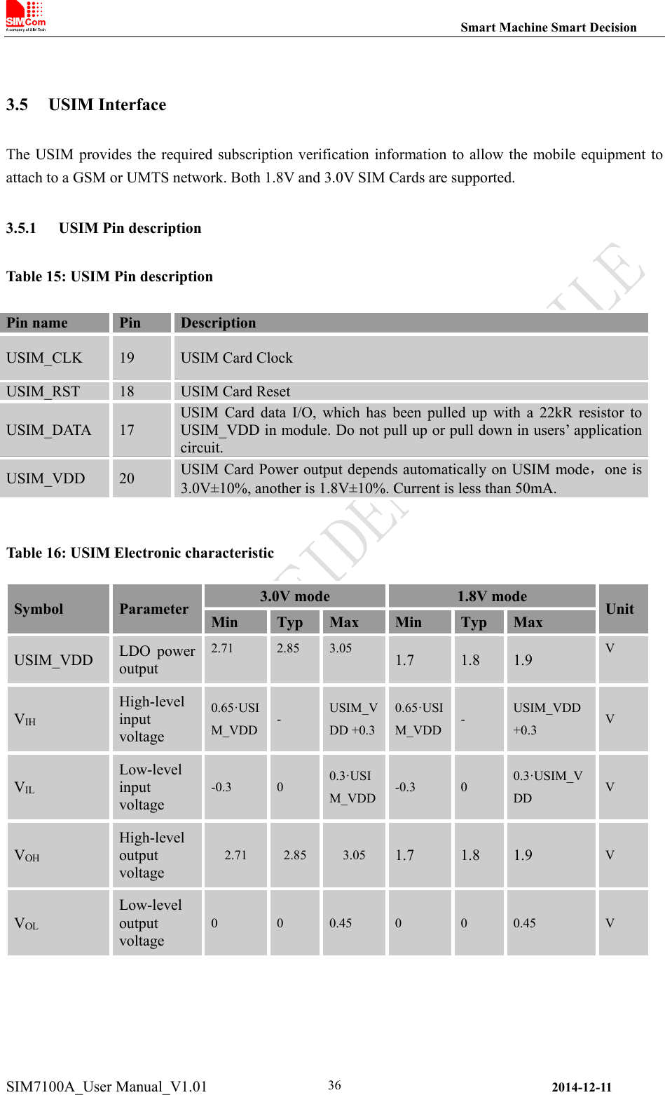                                                               Smart Machine Smart Decision SIM7100A_User Manual_V1.01                2014-12-11 36 3.5 USIM Interface The USIM provides the required  subscription verification information to allow the  mobile equipment to attach to a GSM or UMTS network. Both 1.8V and 3.0V SIM Cards are supported. 3.5.1 USIM Pin description Table 15: USIM Pin description  Table 16: USIM Electronic characteristic Symbol  Parameter  3.0V mode  1.8V mode  Unit Min  Typ  Max  Min  Typ  Max USIM_VDD  LDO  power output 2.71  2.85  3.05  1.7 1.8 1.9 V VIH High-level input voltage 0.65·USIM_VDD -  USIM_VDD +0.30.65·USIM_VDD -  USIM_VDD +0.3  V VIL Low-level input voltage -0.3  0  0.3·USIM_VDD -0.3  0  0.3·USIM_VDD  V VOH High-level output voltage 2.71  2.85  3.05  1.7 1.8 1.9 V VOL Low-level output voltage 0  0  0.45  0  0  0.45  V  Pin name  Pin  Description USIM_CLK  19  USIM Card Clock USIM_RST  18  USIM Card Reset USIM_DATA  17 USIM  Card  data  I/O,  which  has  been  pulled  up  with  a  22kR  resistor  to USIM_VDD in module. Do not pull up or pull down in users’ application circuit. USIM_VDD  20  USIM Card Power output depends automatically on USIM mode，one is 3.0V±10%, another is 1.8V±10%. Current is less than 50mA. 