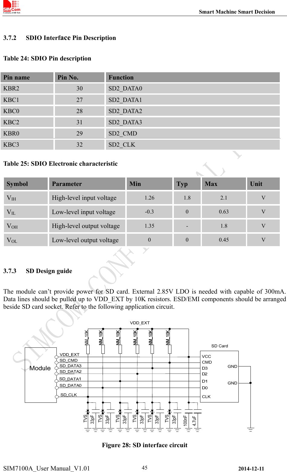                                                                Smart Machine Smart Decision SIM7100A_User Manual_V1.01                2014-12-11 45 3.7.2 SDIO Interface Pin Description Table 24: SDIO Pin description Table 25: SDIO Electronic characteristic Symbol  Parameter  Min  Typ  Max  Unit VIH High-level input voltage  1.26  1.8  2.1  V VIL Low-level input voltage  -0.3  0  0.63  V VOH High-level output voltage 1.35  -  1.8  V VOL Low-level output voltage  0  0  0.45  V  3.7.3 SD Design guide The  module can’t provide  power  for  SD  card. External  2.85V  LDO  is needed with capable of 300mA. Data lines should be pulled up to VDD_EXT by 10K resistors. ESD/EMI components should be arranged beside SD card socket. Refer to the following application circuit.   Figure 28: SD interface circuit Pin name  Pin No.  Function KBR2 30 SD2_DATA0 KBC1 27 SD2_DATA1 KBC0 28 SD2_DATA2 KBC2 31 SD2_DATA3 KBR0 29 SD2_CMD KBC3 32 SD2_CLK 