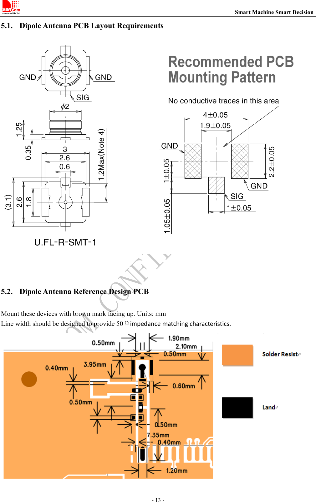                                                                          Smart Machine Smart Decision - 13 - 5.1. Dipole Antenna PCB Layout Requirements   5.2. Dipole Antenna Reference Design PCB Mount these devices with brown mark facing up. Units: mm Line width should be designed to provide 50Ωimpedancematchingcharacteristics.  