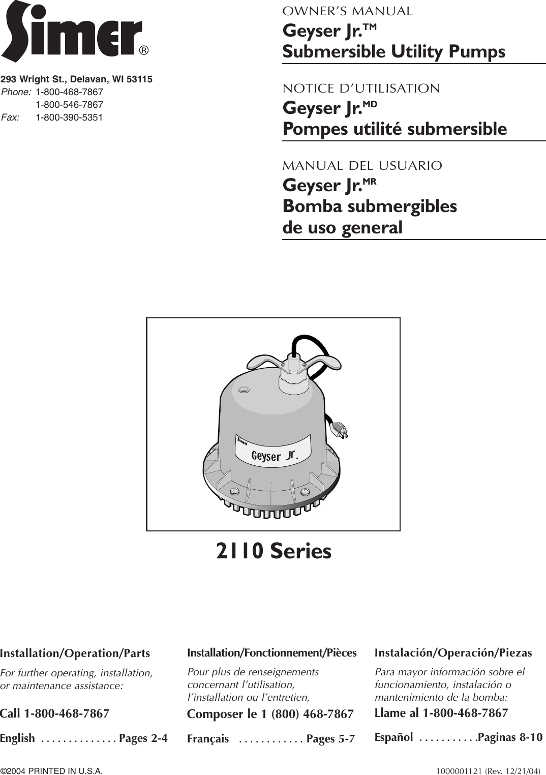 Simer Pumps 2110 Users Manual