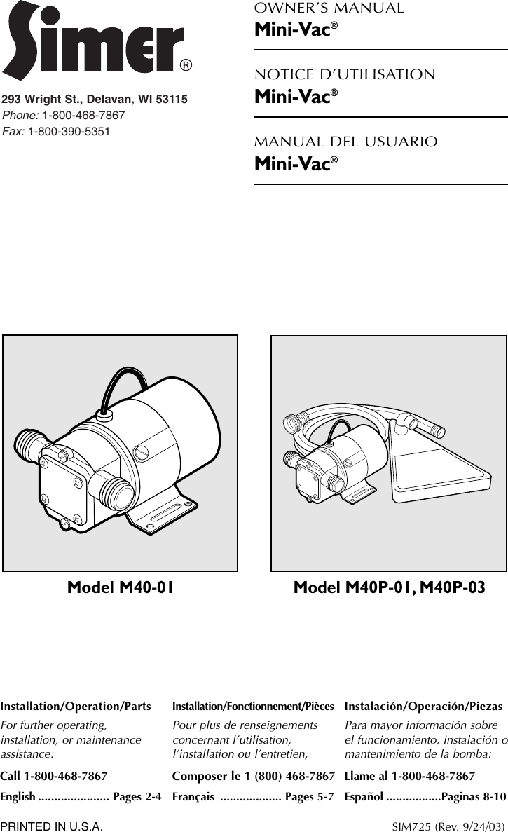 Simer Pumps M40 01 Users Manual SIM725 1/2 Size