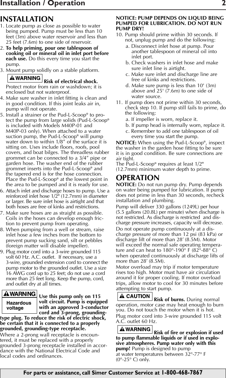 Simer Pumps M40 01 Users Manual SIM725 1/2 Size