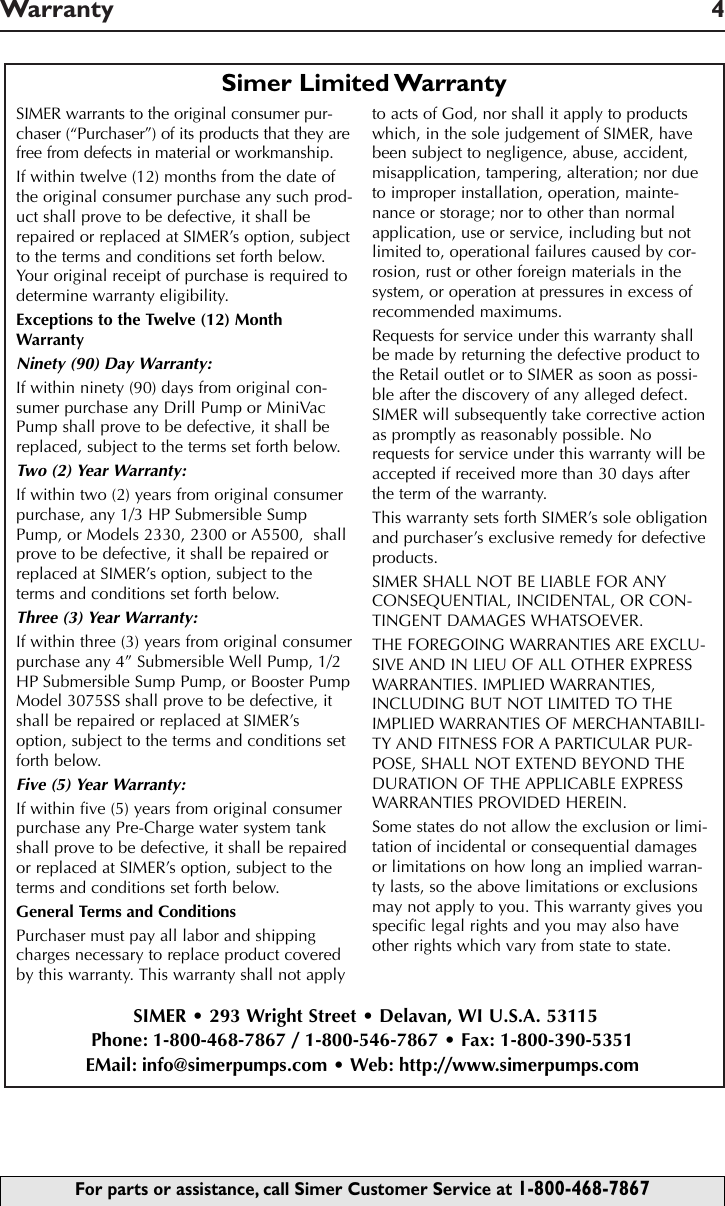 Simer Pumps M40 01 Users Manual SIM725 1/2 Size