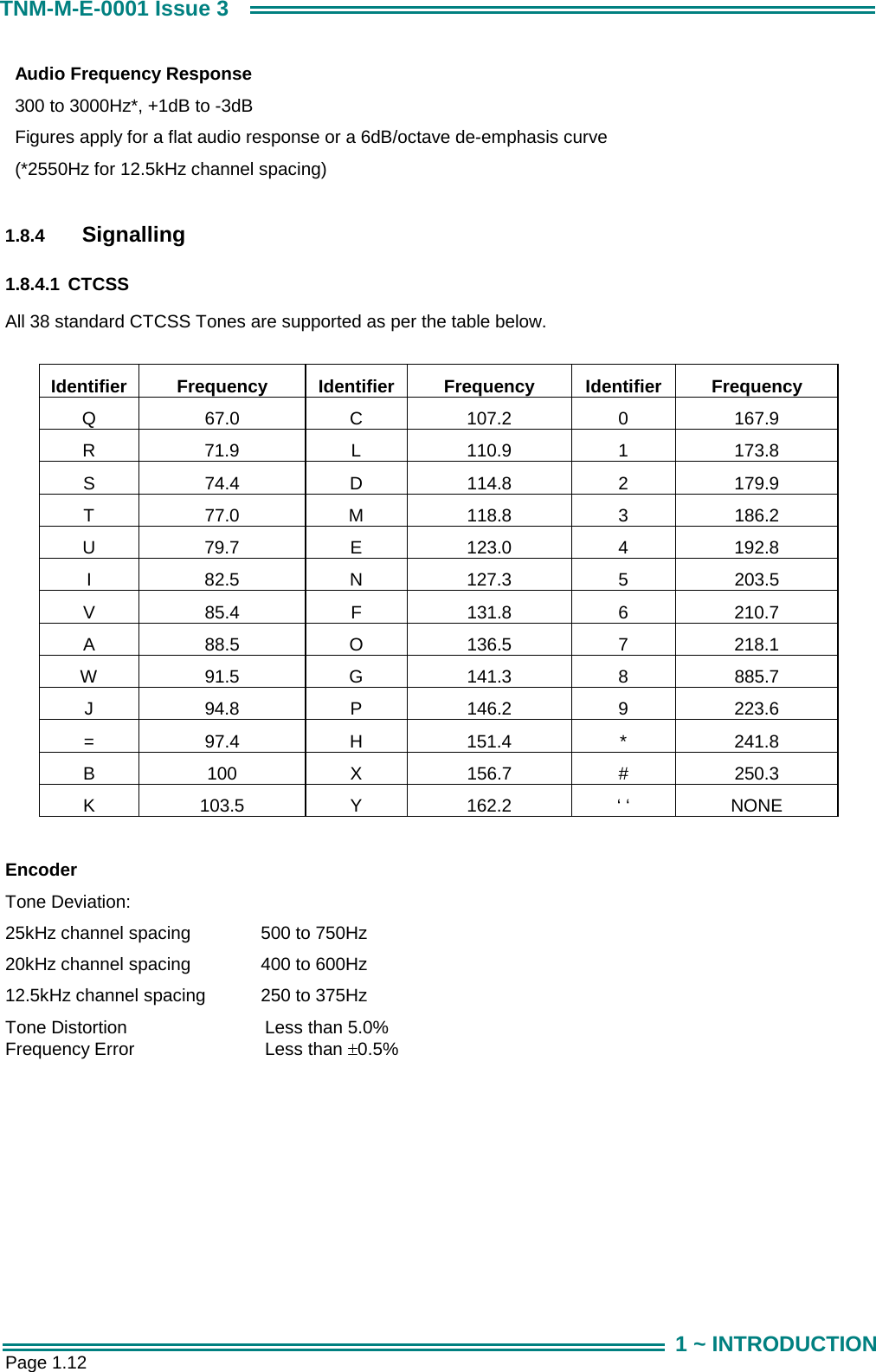  Page 1.12 TNM-M-E-0001 Issue 3 1 ~ INTRODUCTION      Audio Frequency Response 300 to 3000Hz*, +1dB to -3dB  Figures apply for a flat audio response or a 6dB/octave de-emphasis curve (*2550Hz for 12.5kHz channel spacing)  1.8.4  Signalling 1.8.4.1 CTCSS All 38 standard CTCSS Tones are supported as per the table below.  Identifier Frequency Identifier Frequency Identifier Frequency Q 67.0 C 107.2 0 167.9 R 71.9 L 110.9 1 173.8 S 74.4 D 114.8 2 179.9 T 77.0 M 118.8 3 186.2 U 79.7 E 123.0 4 192.8 I 82.5 N 127.3 5 203.5 V 85.4 F 131.8 6 210.7 A 88.5 O 136.5 7 218.1 W 91.5  G 141.3 8 885.7 J 94.8 P 146.2 9 223.6 = 97.4 H 151.4 * 241.8 B 100 X 156.7 # 250.3 K 103.5 Y 162.2 &lsquo; &lsquo; NONE  Encoder Tone Deviation:   25kHz channel spacing  500 to 750Hz   20kHz channel spacing  400 to 600Hz 12.5kHz channel spacing  250 to 375Hz Tone Distortion   Less than 5.0%  Frequency Error   Less than &plusmn;0.5% 
