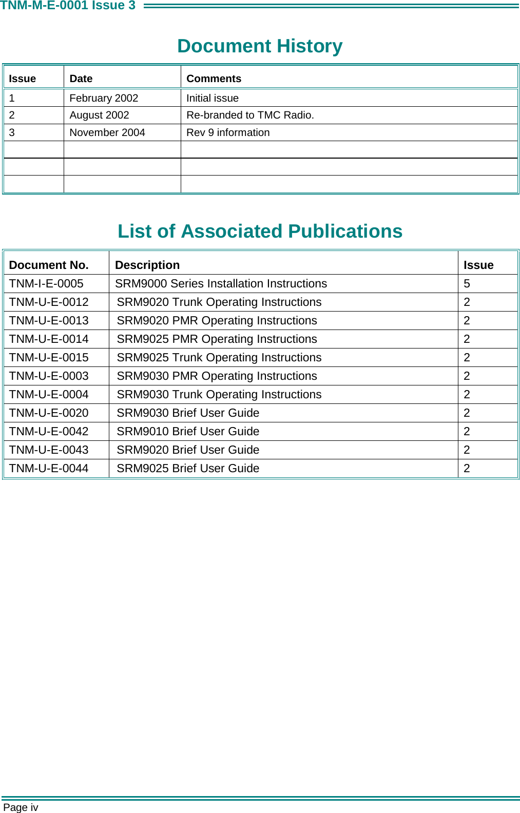  Page iv TNM-M-E-0001 Issue 3 Document History Issue Date  Comments 1  February 2002  Initial issue 2  August 2002  Re-branded to TMC Radio. 3  November 2004  Rev 9 information              List of Associated Publications Document No.  Description  Issue TNM-I-E-0005  SRM9000 Series Installation Instructions  5 TNM-U-E-0012  SRM9020 Trunk Operating Instructions  2 TNM-U-E-0013  SRM9020 PMR Operating Instructions  2 TNM-U-E-0014  SRM9025 PMR Operating Instructions  2 TNM-U-E-0015  SRM9025 Trunk Operating Instructions  2 TNM-U-E-0003  SRM9030 PMR Operating Instructions  2 TNM-U-E-0004  SRM9030 Trunk Operating Instructions  2 TNM-U-E-0020  SRM9030 Brief User Guide  2 TNM-U-E-0042  SRM9010 Brief User Guide  2 TNM-U-E-0043  SRM9020 Brief User Guide  2 TNM-U-E-0044  SRM9025 Brief User Guide  2        