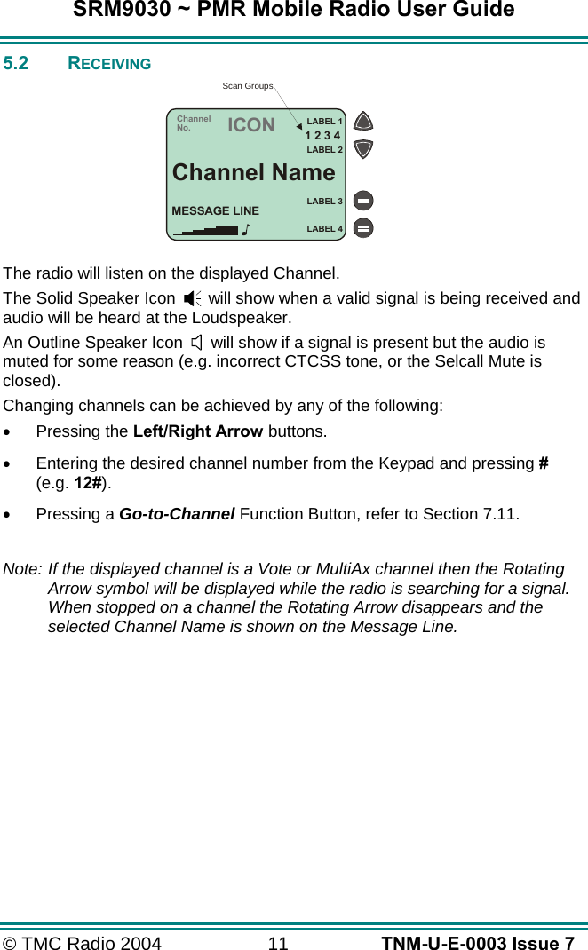SRM9030 ~ PMR Mobile Radio User Guide &copy; TMC Radio 2004  11   TNM-U-E-0003 Issue 7 5.2 RECEIVING          The radio will listen on the displayed Channel. The Solid Speaker Icon       will show when a valid signal is being received and audio will be heard at the Loudspeaker. An Outline Speaker Icon      will show if a signal is present but the audio is muted for some reason (e.g. incorrect CTCSS tone, or the Selcall Mute is closed). Changing channels can be achieved by any of the following: &bull;  Pressing the Left/Right Arrow buttons. &bull;  Entering the desired channel number from the Keypad and pressing # (e.g. 12#). &bull;  Pressing a Go-to-Channel Function Button, refer to Section 7.11.  Note: If the displayed channel is a Vote or MultiAx channel then the Rotating Arrow symbol will be displayed while the radio is searching for a signal.  When stopped on a channel the Rotating Arrow disappears and the selected Channel Name is shown on the Message Line. ChannelNo.ICONLABEL 1Scan Groups1 2 3 4LABEL 2Channel NameMESSAGE LINELABEL 3LABEL 4