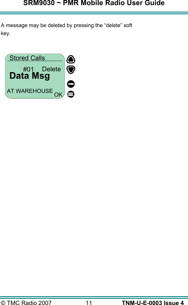SRM9030 ~ PMR Mobile Radio User Guide &copy; TMC Radio 2007  11   TNM-U-E-0003 Issue 4  A message may be deleted by pressing the &ldquo;delete&rdquo; soft  key.   Data MsgStored Calls#01 DeleteAT WAREHOUSE OK