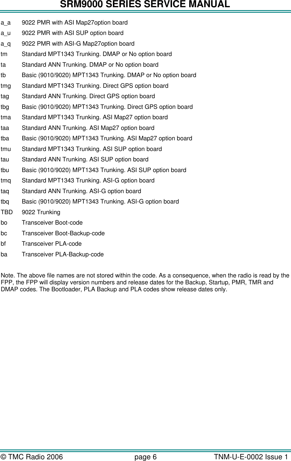 SRM9000 SERIES SERVICE MANUAL &copy; TMC Radio 2006 page 6   TNM-U-E-0002 Issue 1  a_a 9022 PMR with ASI Map27option board a_u 9022 PMR with ASI SUP option board a_q 9022 PMR with ASI-G Map27option board tm Standard MPT1343 Trunking. DMAP or No option board ta Standard ANN Trunking. DMAP or No option board tb Basic (9010/9020) MPT1343 Trunking. DMAP or No option board tmg Standard MPT1343 Trunking. Direct GPS option board tag Standard ANN Trunking. Direct GPS option board tbg Basic (9010/9020) MPT1343 Trunking. Direct GPS option board tma Standard MPT1343 Trunking. ASI Map27 option board taa Standard ANN Trunking. ASI Map27 option board tba Basic (9010/9020) MPT1343 Trunking. ASI Map27 option board tmu Standard MPT1343 Trunking. ASI SUP option board tau Standard ANN Trunking. ASI SUP option board tbu Basic (9010/9020) MPT1343 Trunking. ASI SUP option board tmq Standard MPT1343 Trunking. ASI-G option board taq Standard ANN Trunking. ASI-G option board tbq Basic (9010/9020) MPT1343 Trunking. ASI-G option board TBD 9022 Trunking bo  Transceiver Boot-code bc  Transceiver Boot-Backup-code bf  Transceiver PLA-code ba  Transceiver PLA-Backup-code  Note. The above file names are not stored within the code. As a consequence, when the radio is read by the FPP, the FPP will display version numbers and release dates for the Backup, Startup, PMR, TMR and DMAP codes. The Bootloader, PLA Backup and PLA codes show release dates only. 