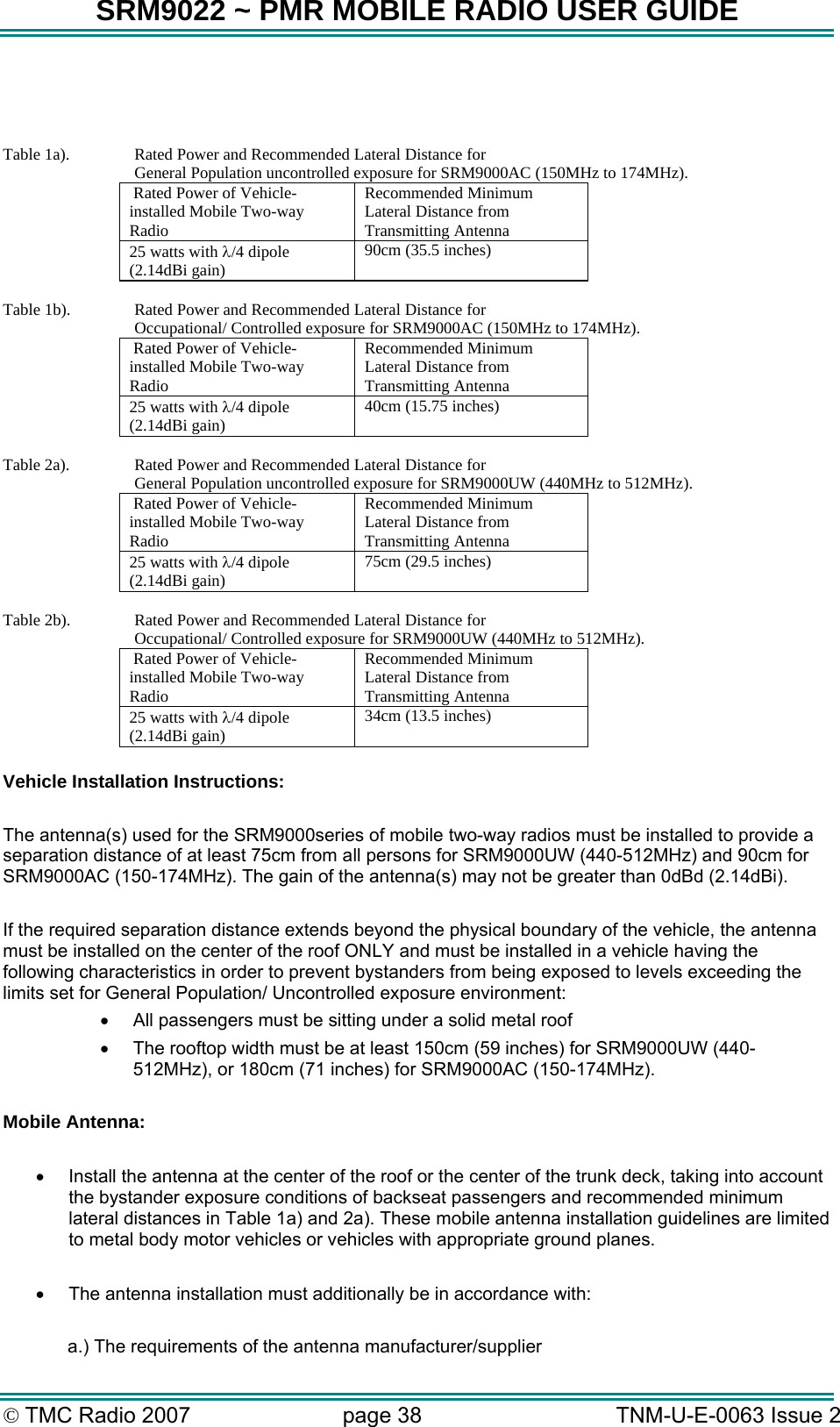 SRM9022 ~ PMR MOBILE RADIO USER GUIDE &copy; TMC Radio 2007  page 38   TNM-U-E-0063 Issue 2    Table 1a).   Rated Power and Recommended Lateral Distance for  General Population uncontrolled exposure for SRM9000AC (150MHz to 174MHz).  Rated Power of Vehicle- installed Mobile Two-way Radio Recommended Minimum Lateral Distance from Transmitting Antenna 25 watts with &lambda;/4 dipole (2.14dBi gain)  90cm (35.5 inches)  Table 1b).   Rated Power and Recommended Lateral Distance for  Occupational/ Controlled exposure for SRM9000AC (150MHz to 174MHz).  Rated Power of Vehicle- installed Mobile Two-way Radio Recommended Minimum Lateral Distance from Transmitting Antenna 25 watts with &lambda;/4 dipole (2.14dBi gain)  40cm (15.75 inches)  Table 2a).   Rated Power and Recommended Lateral Distance for  General Population uncontrolled exposure for SRM9000UW (440MHz to 512MHz).  Rated Power of Vehicle- installed Mobile Two-way Radio Recommended Minimum Lateral Distance from Transmitting Antenna 25 watts with &lambda;/4 dipole (2.14dBi gain)  75cm (29.5 inches)  Table 2b).   Rated Power and Recommended Lateral Distance for  Occupational/ Controlled exposure for SRM9000UW (440MHz to 512MHz).  Rated Power of Vehicle- installed Mobile Two-way Radio Recommended Minimum Lateral Distance from Transmitting Antenna 25 watts with &lambda;/4 dipole (2.14dBi gain)  34cm (13.5 inches)  Vehicle Installation Instructions:  The antenna(s) used for the SRM9000series of mobile two-way radios must be installed to provide a separation distance of at least 75cm from all persons for SRM9000UW (440-512MHz) and 90cm for SRM9000AC (150-174MHz). The gain of the antenna(s) may not be greater than 0dBd (2.14dBi).  If the required separation distance extends beyond the physical boundary of the vehicle, the antenna must be installed on the center of the roof ONLY and must be installed in a vehicle having the following characteristics in order to prevent bystanders from being exposed to levels exceeding the limits set for General Population/ Uncontrolled exposure environment: &bull;  All passengers must be sitting under a solid metal roof &bull;  The rooftop width must be at least 150cm (59 inches) for SRM9000UW (440-512MHz), or 180cm (71 inches) for SRM9000AC (150-174MHz).  Mobile Antenna:  &bull;  Install the antenna at the center of the roof or the center of the trunk deck, taking into account the bystander exposure conditions of backseat passengers and recommended minimum lateral distances in Table 1a) and 2a). These mobile antenna installation guidelines are limited to metal body motor vehicles or vehicles with appropriate ground planes.  &bull;  The antenna installation must additionally be in accordance with:  a.) The requirements of the antenna manufacturer/supplier 