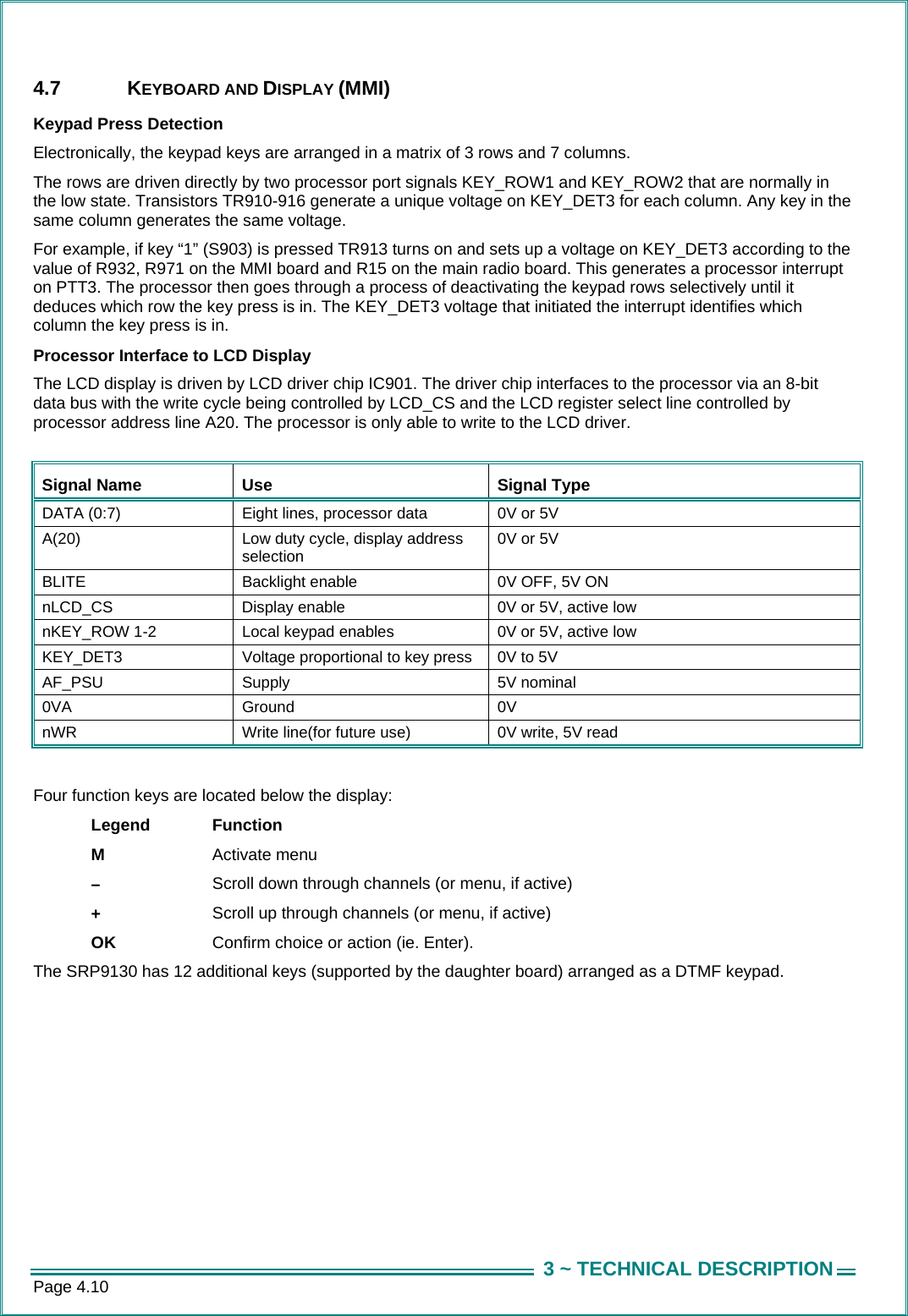 Page 4.10  3 ~ TECHNICAL DESCRIPTION4.7 KEYBOARD AND DISPLAY (MMI) Keypad Press Detection Electronically, the keypad keys are arranged in a matrix of 3 rows and 7 columns.  The rows are driven directly by two processor port signals KEY_ROW1 and KEY_ROW2 that are normally in the low state. Transistors TR910-916 generate a unique voltage on KEY_DET3 for each column. Any key in the same column generates the same voltage.  For example, if key &ldquo;1&rdquo; (S903) is pressed TR913 turns on and sets up a voltage on KEY_DET3 according to the value of R932, R971 on the MMI board and R15 on the main radio board. This generates a processor interrupt on PTT3. The processor then goes through a process of deactivating the keypad rows selectively until it deduces which row the key press is in. The KEY_DET3 voltage that initiated the interrupt identifies which column the key press is in. Processor Interface to LCD Display The LCD display is driven by LCD driver chip IC901. The driver chip interfaces to the processor via an 8-bit data bus with the write cycle being controlled by LCD_CS and the LCD register select line controlled by processor address line A20. The processor is only able to write to the LCD driver.  Signal Name  Use  Signal Type DATA (0:7) Eight lines, processor data 0V or 5V A(20) Low duty cycle, display address selection 0V or 5V BLITE Backlight enable 0V OFF, 5V ON nLCD_CS Display enable 0V or 5V, active low nKEY_ROW 1-2  Local keypad enables 0V or 5V, active low KEY_DET3  Voltage proportional to key press 0V to 5V AF_PSU Supply 5V nominal 0VA Ground   0V nWR  Write line(for future use)  0V write, 5V read  Four function keys are located below the display: Legend   Function M     Activate menu &ndash;     Scroll down through channels (or menu, if active) +     Scroll up through channels (or menu, if active) OK     Confirm choice or action (ie. Enter). The SRP9130 has 12 additional keys (supported by the daughter board) arranged as a DTMF keypad.         