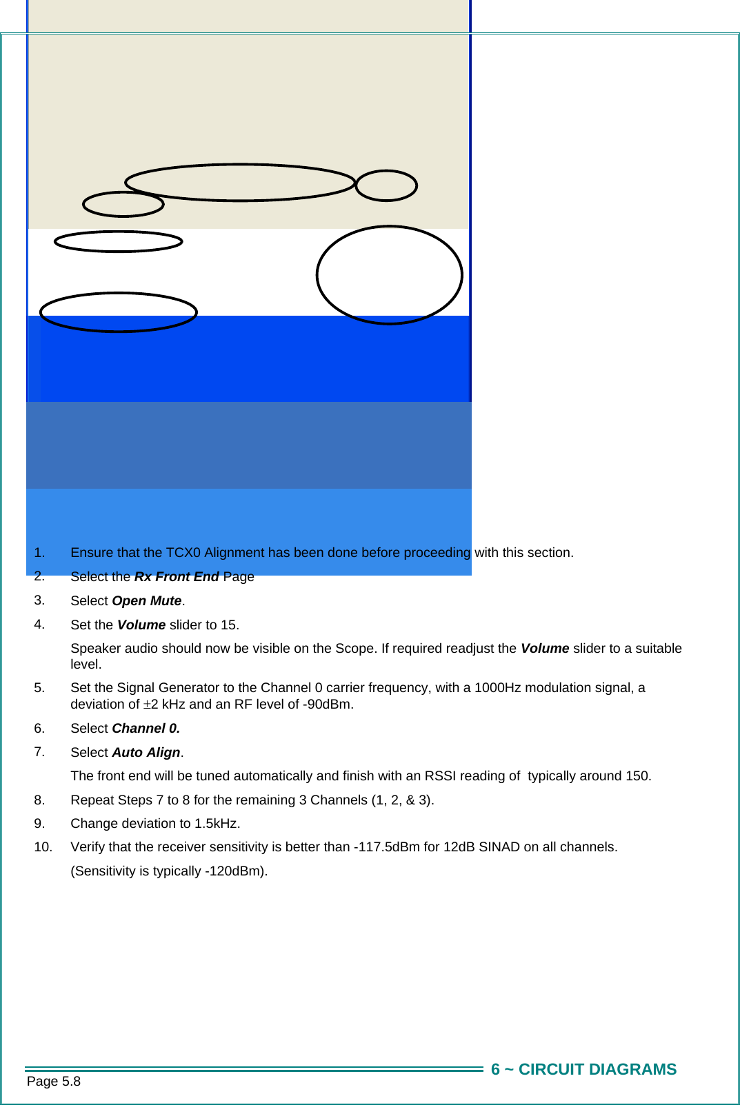 Page 5.8  6 ~ CIRCUIT DIAGRAMS 5.2.3.3 Rx Front End      1.  Ensure that the TCX0 Alignment has been done before proceeding with this section. 2.  Select the Rx Front End Page 3.  Select Open Mute. 4.  Set the Volume slider to 15.  Speaker audio should now be visible on the Scope. If required readjust the Volume slider to a suitable level. 5.  Set the Signal Generator to the Channel 0 carrier frequency, with a 1000Hz modulation signal, a deviation of &plusmn;2 kHz and an RF level of -90dBm. 6.  Select Channel 0. 7.  Select Auto Align. The front end will be tuned automatically and finish with an RSSI reading of  typically around 150. 8.  Repeat Steps 7 to 8 for the remaining 3 Channels (1, 2, &amp; 3). 9.  Change deviation to 1.5kHz. 10.  Verify that the receiver sensitivity is better than -117.5dBm for 12dB SINAD on all channels.  (Sensitivity is typically -120dBm). 