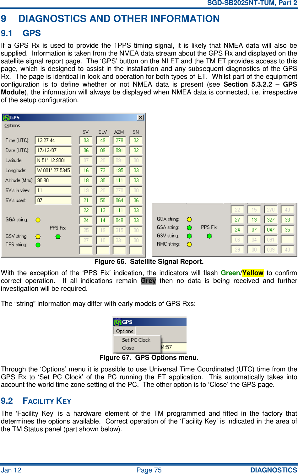   SGD-SB2025NT-TUM, Part 2 Jan 12  Page 75 DIAGNOSTICS 9  DIAGNOSTICS AND OTHER INFORMATION 9.1  GPS If  a  GPS  Rx  is  used  to  provide  the  1PPS  timing  signal,  it  is  likely  that  NMEA  data  will  also  be supplied.  Information is taken from the NMEA data stream about the GPS Rx and displayed on the satellite signal report page.  The ‘GPS’ button on the NI ET and the TM ET provides access to this page, which is  designed to assist  in  the  installation and any subsequent  diagnostics of  the GPS Rx.  The page is identical in look and operation for both types of ET.  Whilst part of the equipment configuration  is  to  define  whether  or  not  NMEA  data  is  present  (see Section  5.3.2.2  –  GPS Module), the information will always be displayed when NMEA data is connected, i.e. irrespective of the setup configuration. Figure 66.  Satellite Signal Report. With  the  exception  of  the  ‘PPS  Fix’  indication,  the  indicators  will  flash Green/Yellow  to  confirm correct  operation.    If  all  indications  remain Grey  then  no  data  is  being  received  and  further investigation will be required. The “string” information may differ with early models of GPS Rxs: Figure 67.  GPS Options menu. Through the ‘Options’ menu it is possible to use Universal Time Coordinated (UTC) time from the GPS  Rx  to  ‘Set  PC  Clock’  of  the  PC  running  the  ET  application.    This  automatically  takes  into account the world time zone setting of the PC.  The other option is to ‘Close’ the GPS page. 9.2  FACILITY KEY The  ‘Facility  Key’  is  a  hardware  element  of  the  TM  programmed  and  fitted  in  the  factory  that determines the options available.  Correct operation of the ‘Facility Key’ is indicated in the area of the TM Status panel (part shown below). 