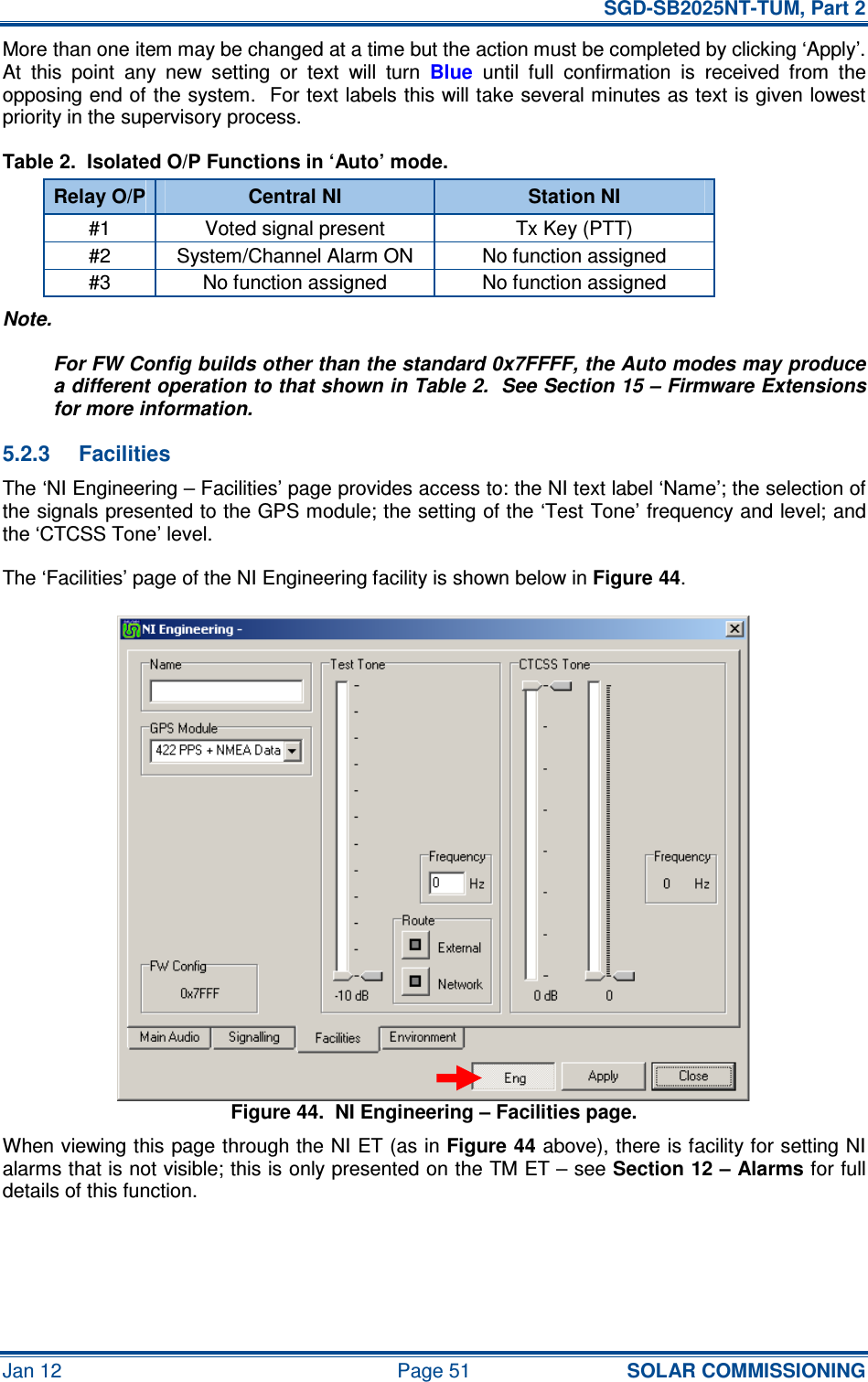   SGD-SB2025NT-TUM, Part 2 Jan 12  Page 51 SOLAR COMMISSIONING More than one item may be changed at a time but the action must be completed by clicking ‘Apply’.  At  this  point  any  new  setting  or  text  will  turn Blue  until  full  confirmation  is  received  from  the opposing end of the system.  For text labels this will take several minutes as text is given lowest priority in the supervisory process. Table 2.  Isolated O/P Functions in ‘Auto’ mode. Relay O/P Central NI  Station NI #1  Voted signal present  Tx Key (PTT) #2  System/Channel Alarm ON  No function assigned #3  No function assigned  No function assigned Note. For FW Config builds other than the standard 0x7FFFF, the Auto modes may produce a different operation to that shown in Table 2.  See Section 15 – Firmware Extensions for more information. 5.2.3  Facilities The ‘NI Engineering – Facilities’ page provides access to: the NI text label ‘Name’; the selection of the signals presented to the GPS module; the setting of the ‘Test Tone’ frequency and level; and the ‘CTCSS Tone’ level. The ‘Facilities’ page of the NI Engineering facility is shown below in Figure 44. Figure 44.  NI Engineering – Facilities page. When viewing this page through the NI ET (as in Figure 44 above), there is facility for setting NI alarms that is not visible; this is only presented on the TM ET – see Section 12 – Alarms for full details of this function. 