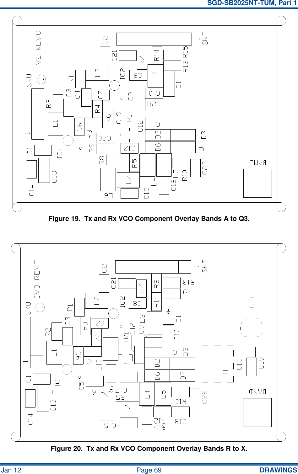   SGD-SB2025NT-TUM, Part 1 Jan 12  Page 69  DRAWINGS Figure 19.  Tx and Rx VCO Component Overlay Bands A to Q3.  Figure 20.  Tx and Rx VCO Component Overlay Bands R to X.   