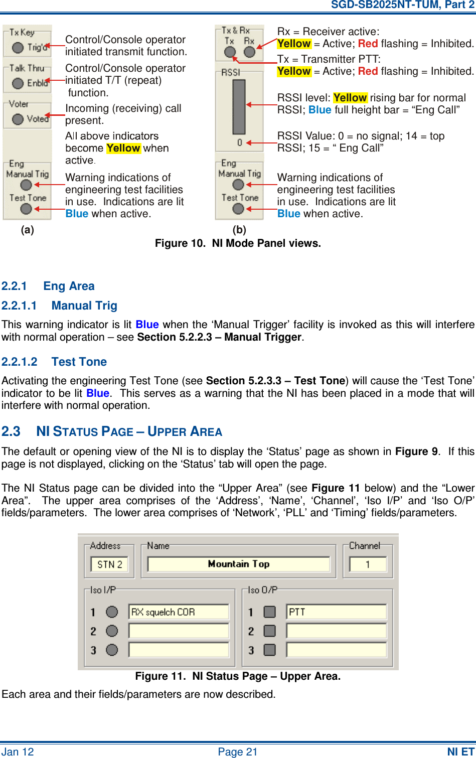   SGD-SB2025NT-TUM, Part 2 Jan 12  Page 21  NI ET Figure 10.  NI Mode Panel views.  2.2.1  Eng Area 2.2.1.1  Manual Trig This warning indicator is lit Blue when the ‘Manual Trigger’ facility is invoked as this will interfere with normal operation – see Section 5.2.2.3 – Manual Trigger. 2.2.1.2  Test Tone Activating the engineering Test Tone (see Section 5.2.3.3 – Test Tone) will cause the ‘Test Tone’ indicator to be lit Blue.  This serves as a warning that the NI has been placed in a mode that will interfere with normal operation. 2.3  NI STATUS PAGE – UPPER AREA The default or opening view of the NI is to display the ‘Status’ page as shown in Figure 9.  If this page is not displayed, clicking on the ‘Status’ tab will open the page. The NI Status page can be divided into the “Upper  Area” (see Figure 11 below) and the “Lower Area”.    The  upper  area  comprises  of  the  ‘Address’,  ‘Name’,  ‘Channel’,  ‘Iso  I/P’  and  ‘Iso  O/P’ fields/parameters.  The lower area comprises of ‘Network’, ‘PLL’ and ‘Timing’ fields/parameters. Figure 11.  NI Status Page – Upper Area. Each area and their fields/parameters are now described. Control/Console operatorinitiated transmit function.Control/Console operatorinitiated T/T (repeat) function.Incoming (receiving) callpresent.Warning indications ofengineering test facilitiesin use.  Indications are lit when active.Blue(a)Rx = Receiver active: = Active;   flashing = Inhibited.Yellow RedTx = Transmitter PTT: = Active;   flashing = Inhibited.Yellow RedRSSI level:   rising bar for normalRSSI;   full height bar = “Eng Call”YellowBlueRSSI Value: 0 = no signal; 14 = topRSSI; 15 = “ Eng Call”Warning indications ofengineering test facilitiesin use.  Indications are lit when active.Blue(b)